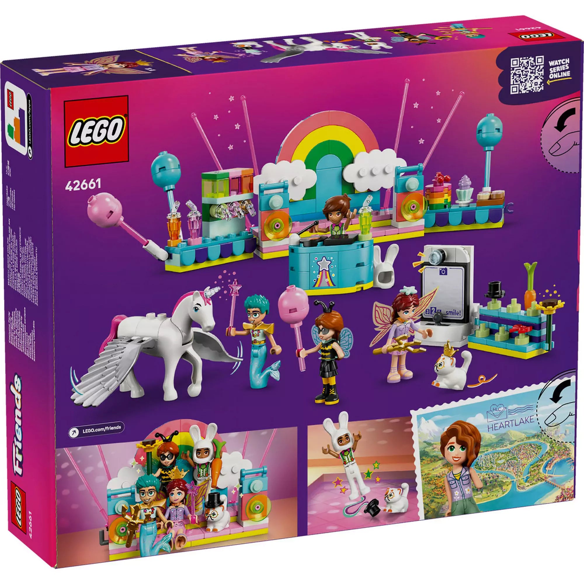 LEGO Friends Jelmezes buli egyszarvúval és tündérrel (42661) doboz hátlap, jelenetekkel a szerepjátékhoz és a DJ-színpaddal.