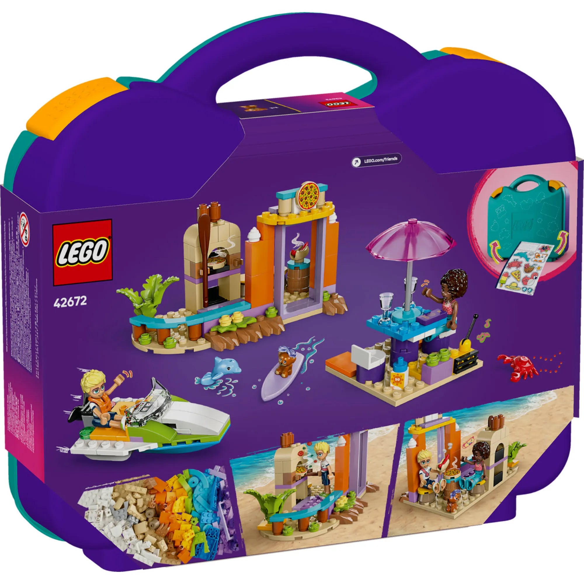 LEGO Friends Kreatív tengerparti bőrönd 42672 - a bőrönd hátoldalán a szett összes funkciója és építési lehetősége látható.