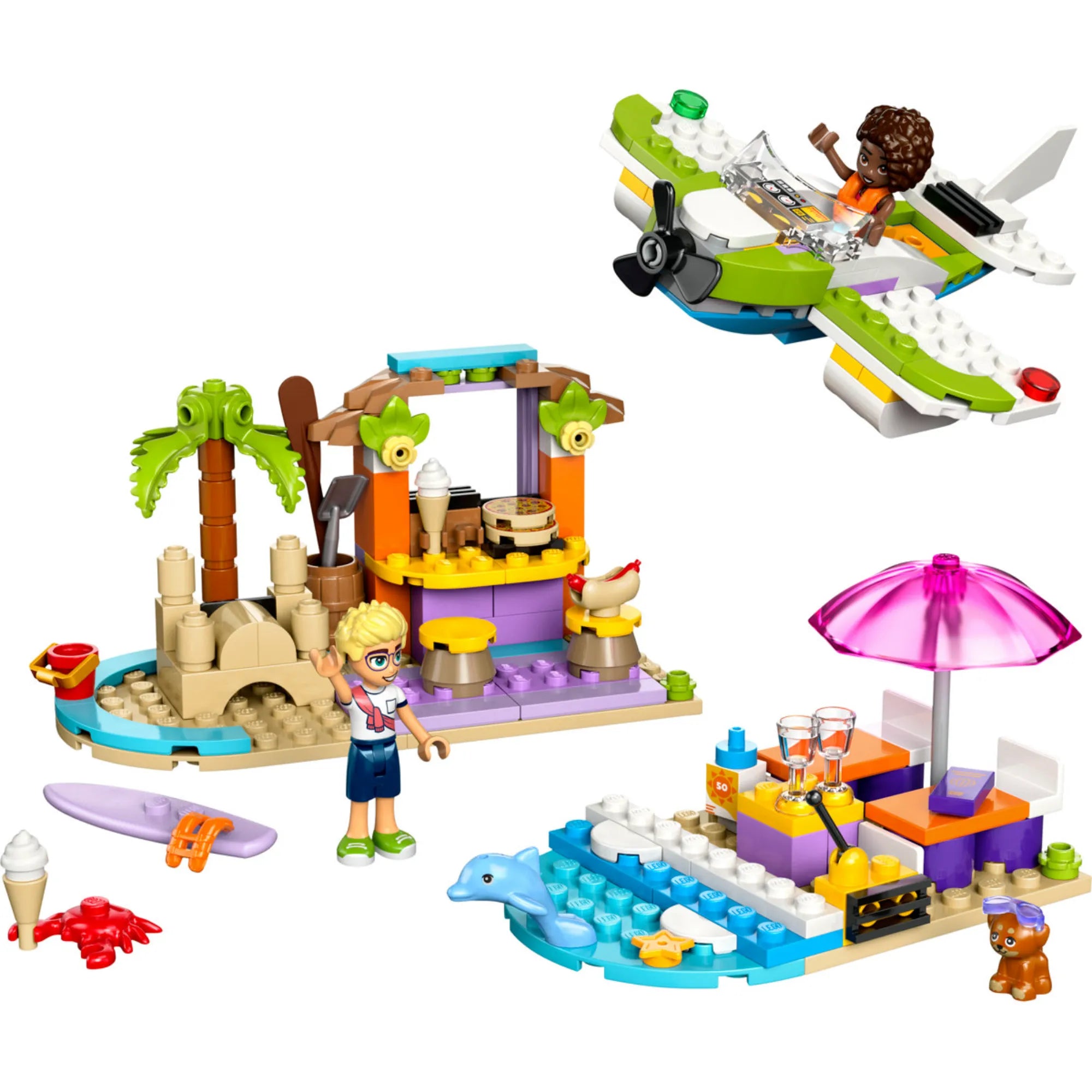 LEGO Friends Kreatív tengerparti bőrönd 42672 - három különböző tengerparti jelenet építési lehetőséggel: hidroplán, tengerparti kávézó és pihenőterület.