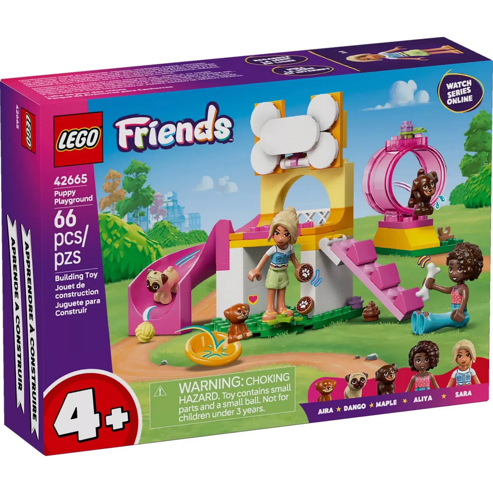 Dobozfotó a LEGO Friends Puppy Playground (42665) készletről, amelyen a játszótér rózsaszín csúszdával, kutyafuttatóval, valamint két minifigurával és három kiskutyával látható.