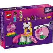 A LEGO Friends Puppy Playground (42665) készlet dobozának hátoldala, rajta a karakterekkel, kiegészítőkkel és egy "Learn to Build" építési segédlettel.