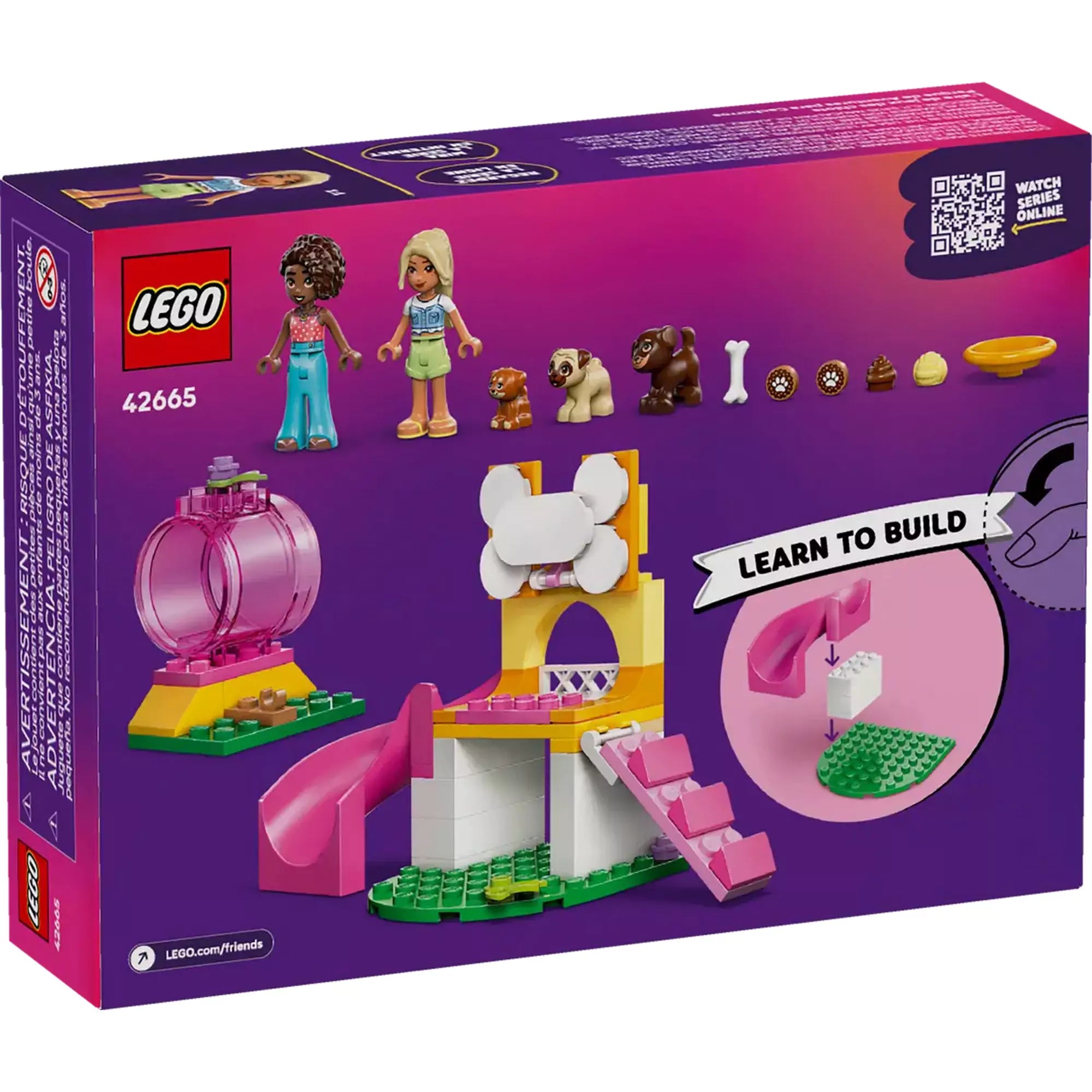 A LEGO Friends Puppy Playground (42665) készlet dobozának hátoldala, rajta a karakterekkel, kiegészítőkkel és egy "Learn to Build" építési segédlettel.