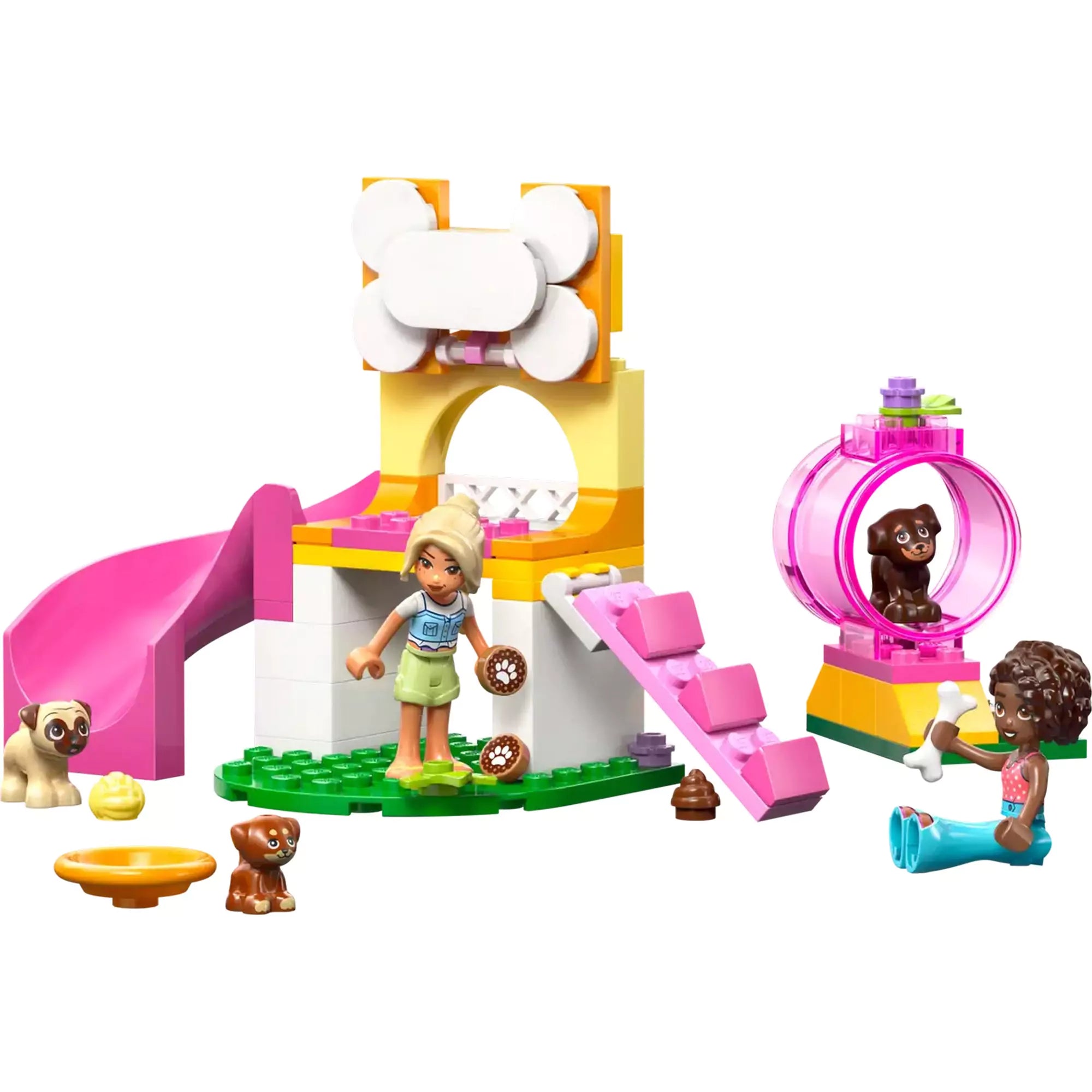 A LEGO Friends Puppy Playground (42665) készlet összerakott jelenete, amelyen a kutyás játszótér és a két figura különböző kiegészítőkkel szerepel.