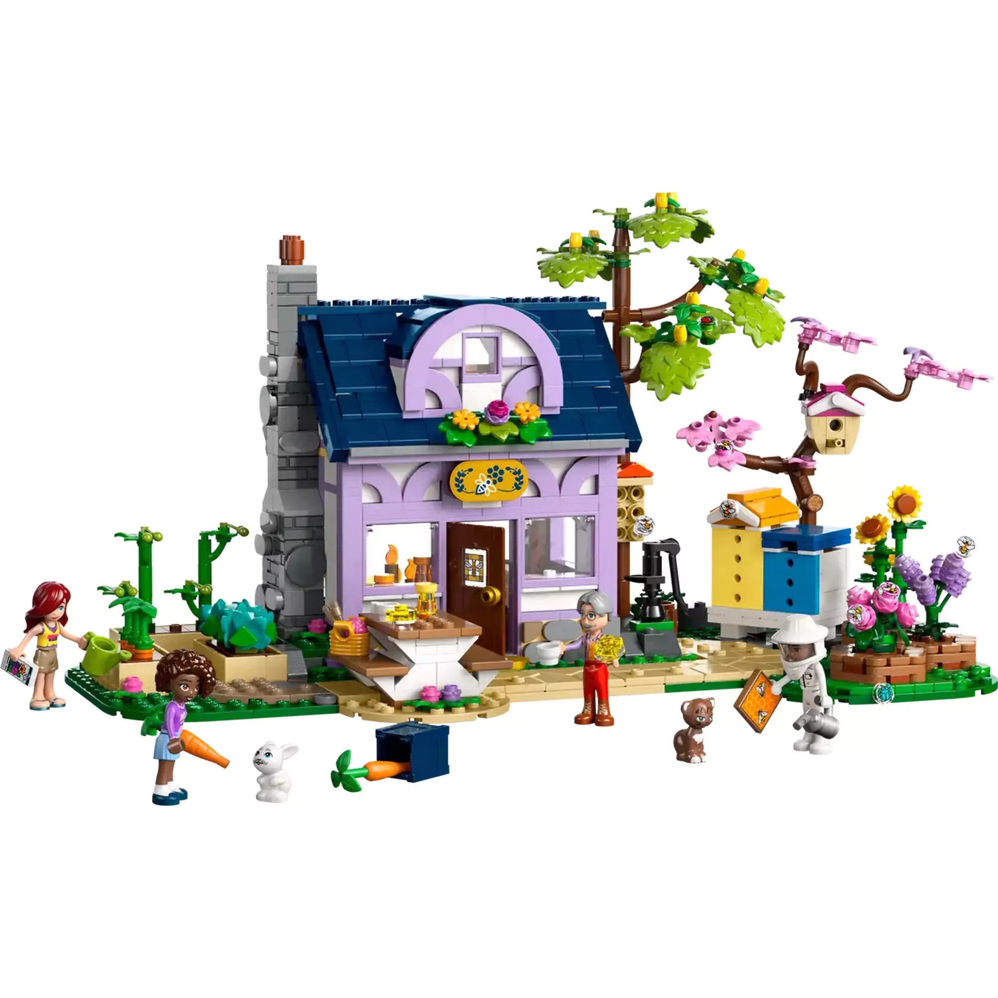 Teljes modell LEGO Friends Méhészek háza és virágoskert 42669, színes virágokkal és méhészkedős részletekkel.