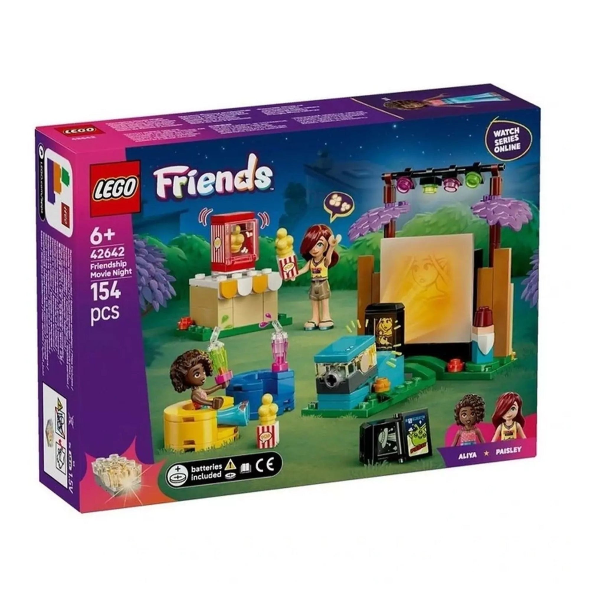 LEGO Friends Friendship Movie Night (42642) doboz – A készlet színes doboza látható, amely bemutatja a kültéri mozi hangulatát, a két minifigurát, a popcorn gépet, projektort és vetítővásznat.