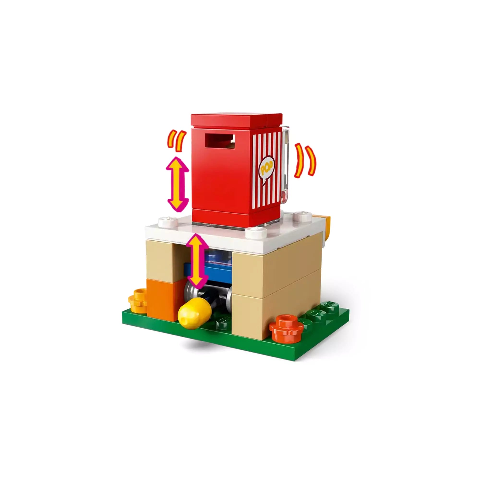 LEGO Friends – Moziest a barátokkal (42642) popcorn gép működése – Közelkép a mozgó elemekkel rendelkező popcorn gépről, amely a Moziest a barátokkal játékélmény része.