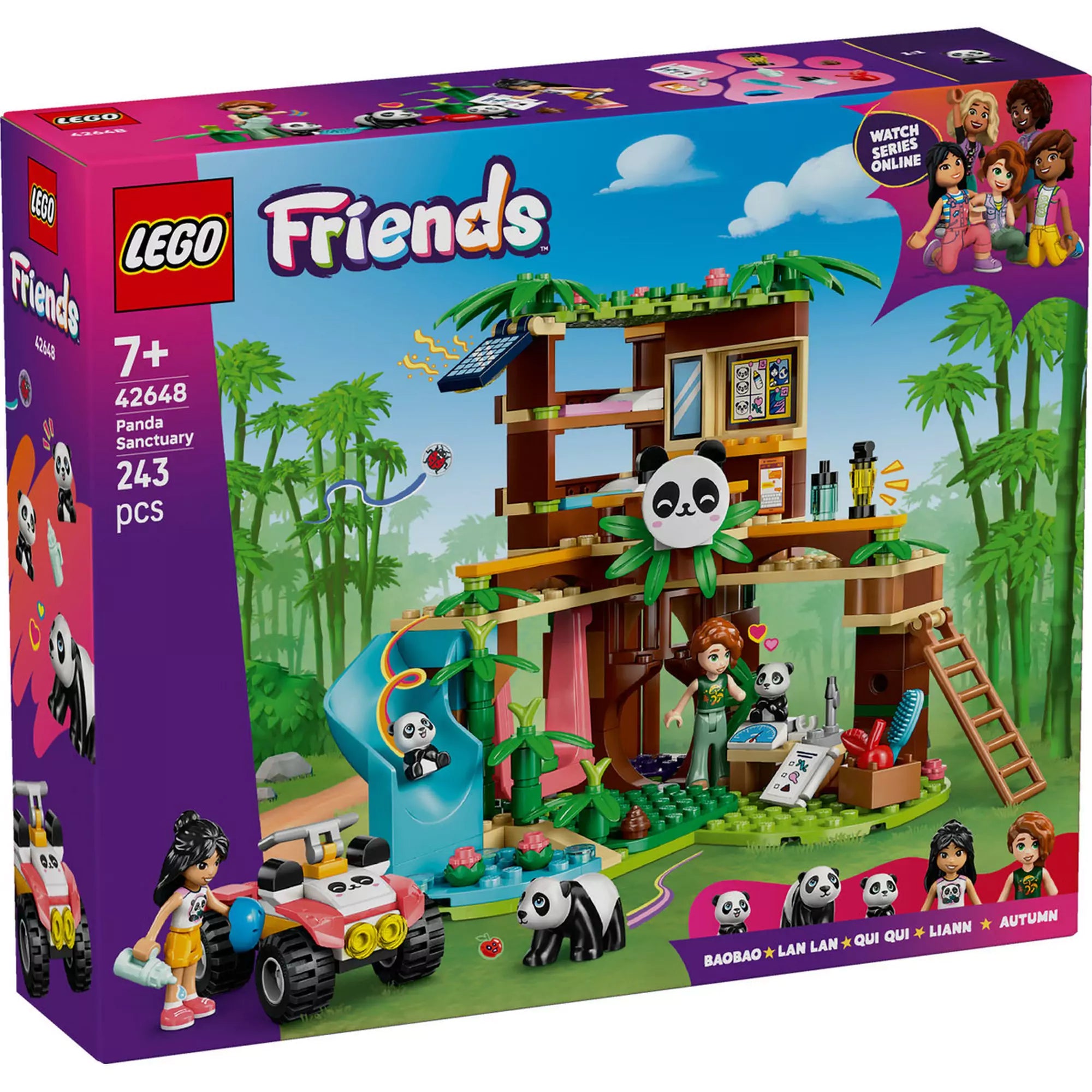 A LEGO Friends Panda Menedékhely (42648) doboza, színes dzsungel háttérrel, faépítménnyel, pandákkal, figurákkal és egy rózsaszín quad járművel.