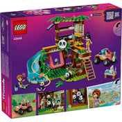 A LEGO Friends Panda Menedékhely (42648) doboz hátoldala, bemutatva a készlet interaktív funkcióit, játéklehetőségeit és a LEGO Friends karaktereket.