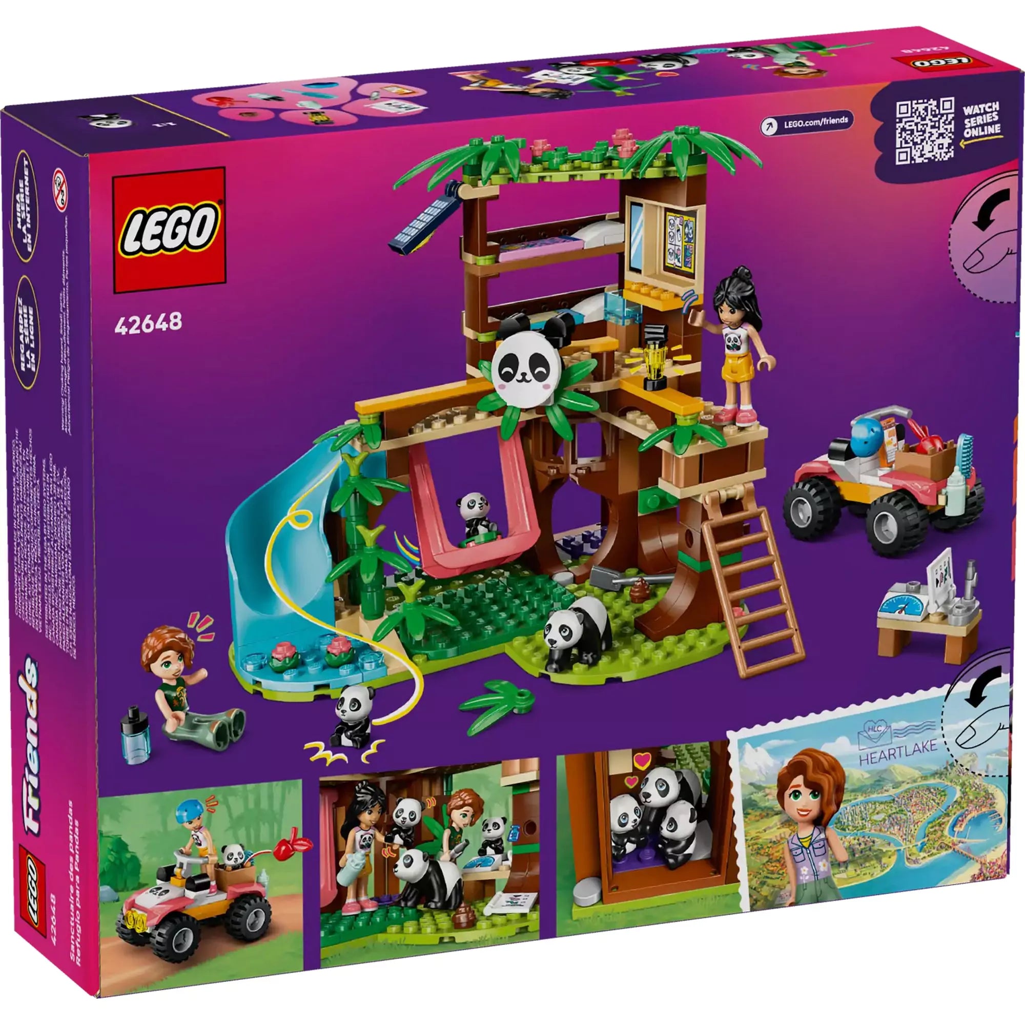 A LEGO Friends Panda Menedékhely (42648) doboz hátoldala, bemutatva a készlet interaktív funkcióit, játéklehetőségeit és a LEGO Friends karaktereket.