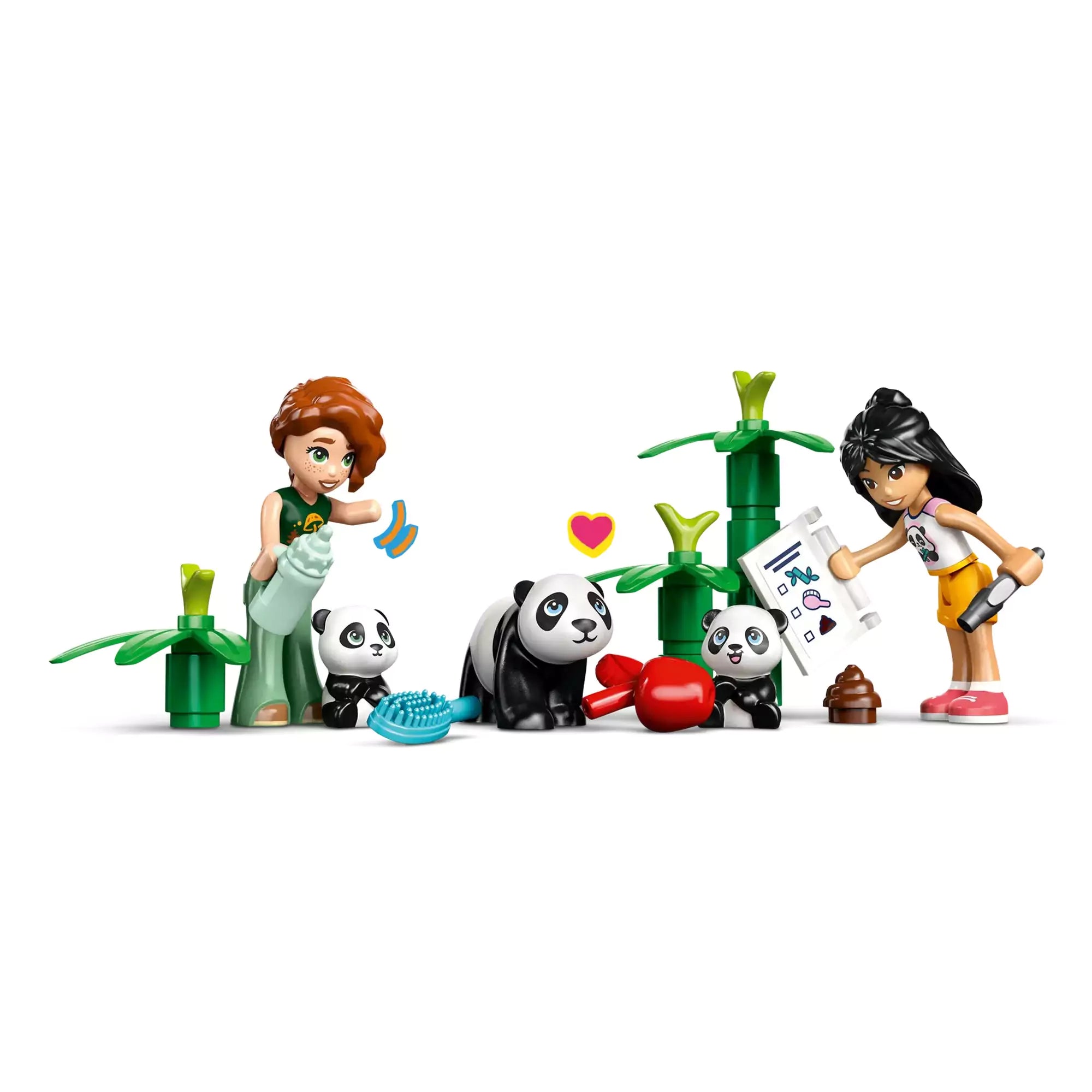Autumn és Liann LEGO Friends minifigurák gondozzák a három panda figurát, etetik, ápolják őket, és egy bambuszerdőben játszanak.