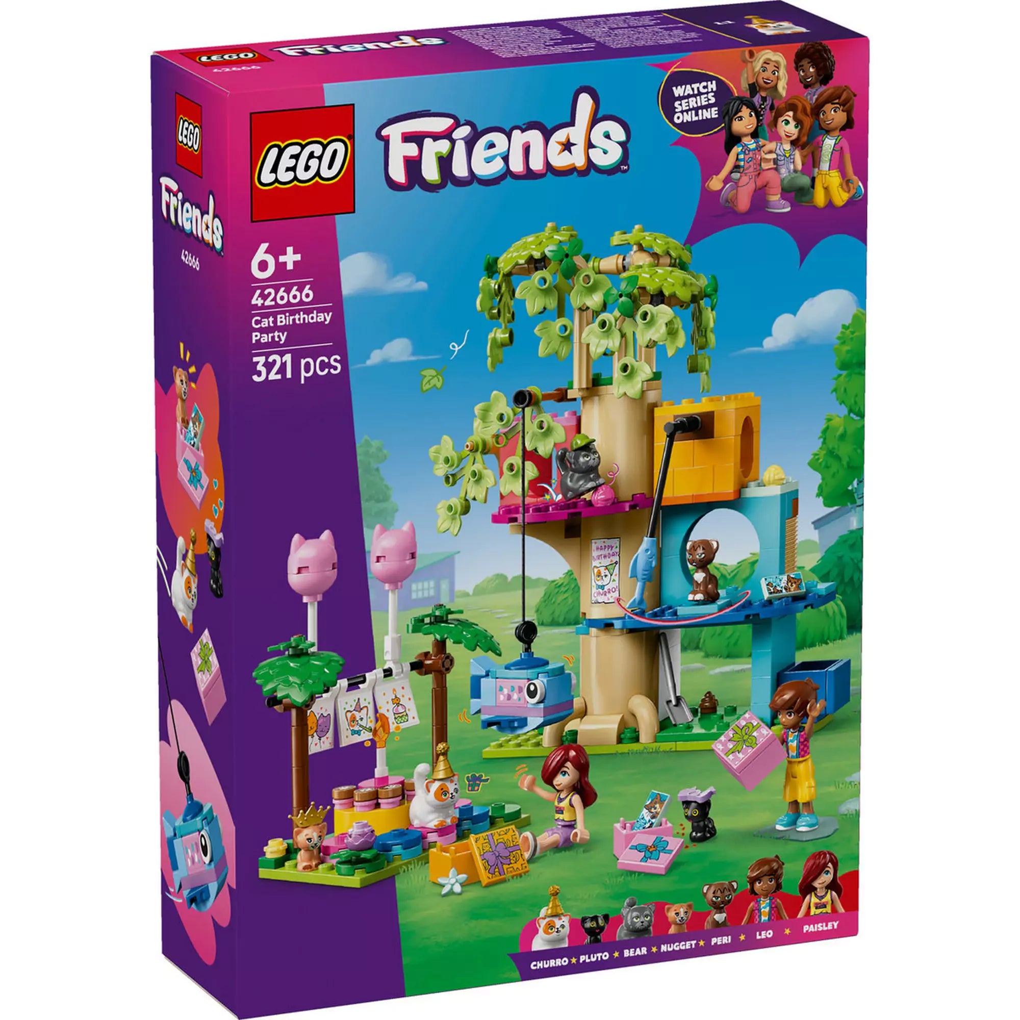 A LEGO Friends Macskaszülinapi buli (42666) doboz elölnézete, színes grafikával, cicás játékelemekkel, figurákkal és a fán elhelyezett születésnapi jelenettel.