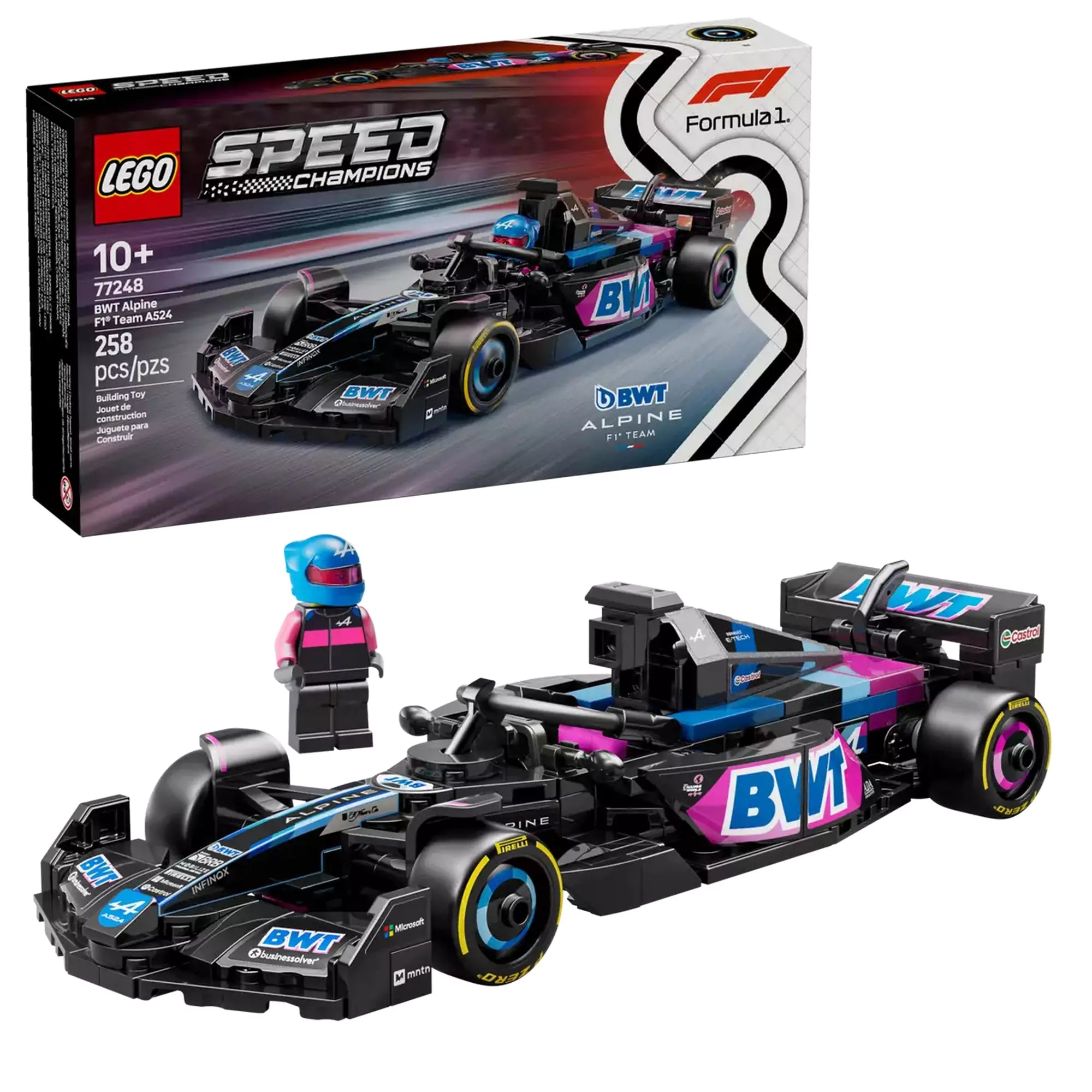 LEGO Speed Champions BWT Alpine F1 Team A524 versenyautó doboz és modell akcióban.