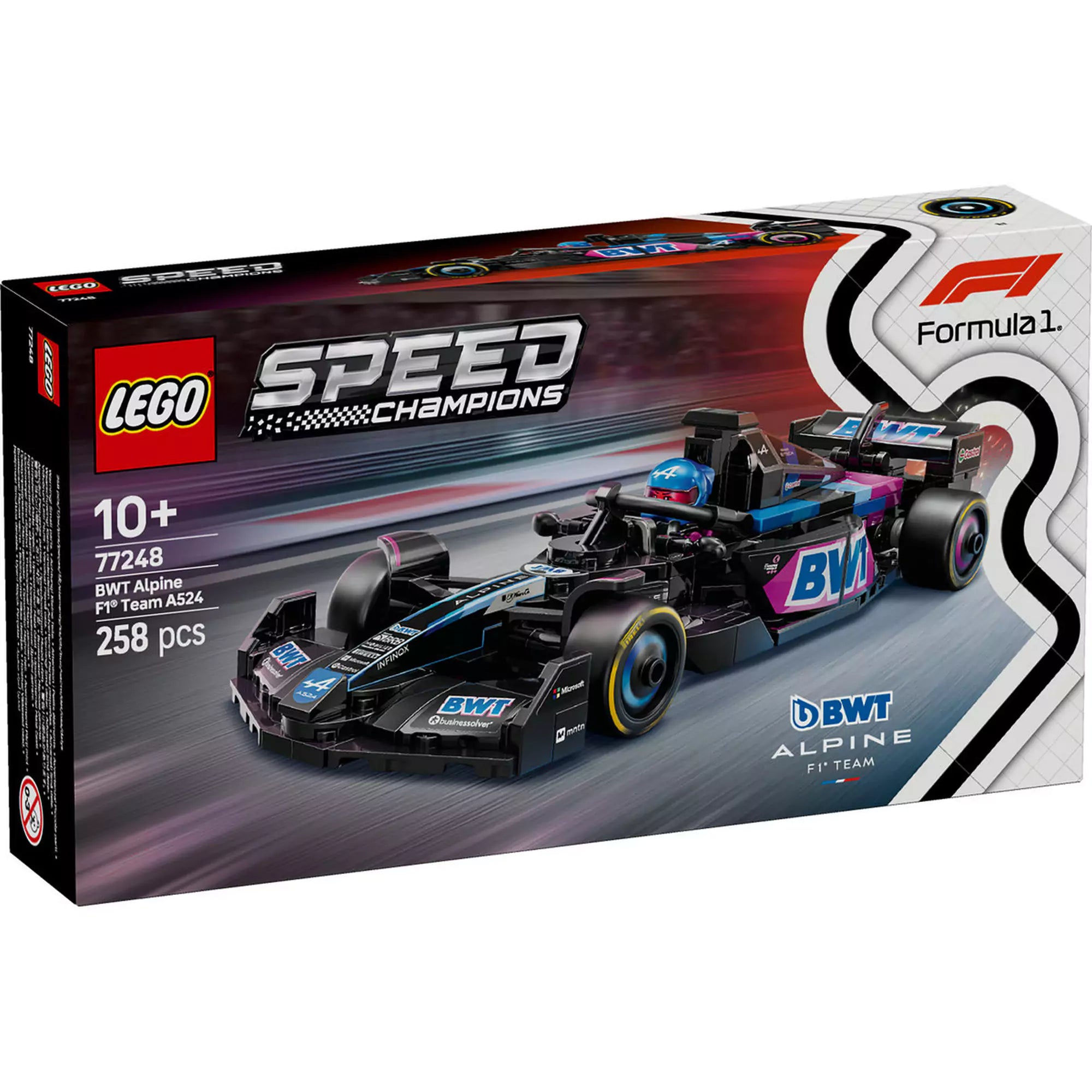 LEGO Speed Champions BWT Alpine F1 Team A524 dobozkép versenypályás háttérrel.