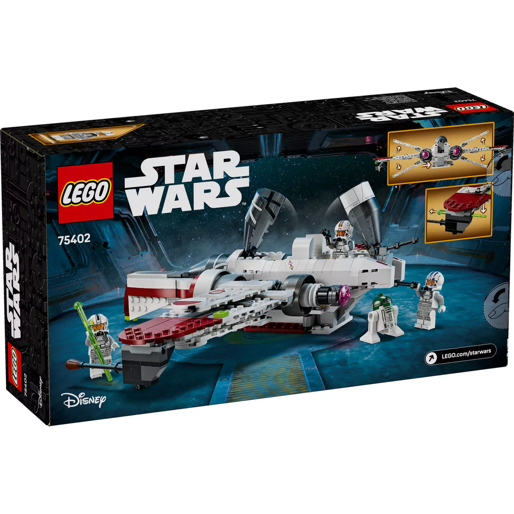 A LEGO Star Wars ARC-170 vadászgép hátoldali dobozképe, amely a vadászgép funkcióit és a figurák részleteit mutatja.