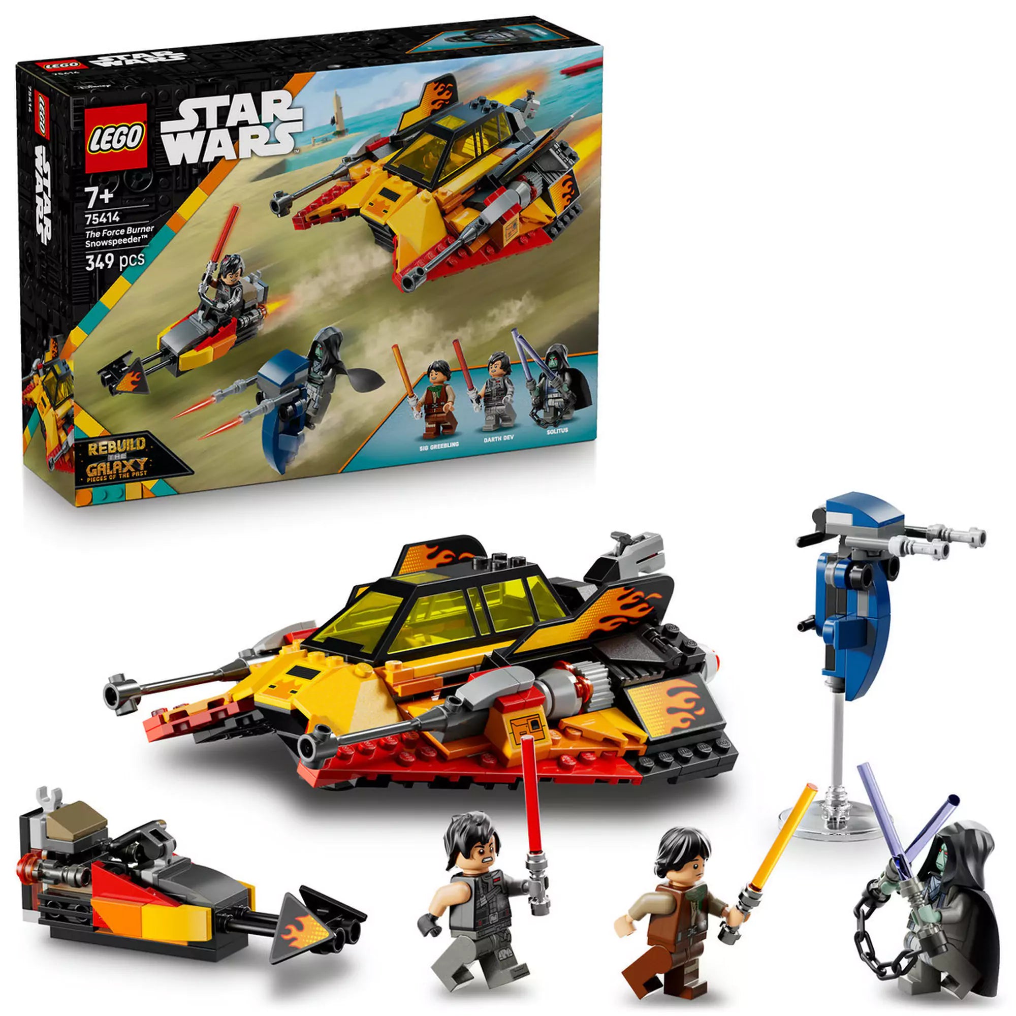 LEGO Star Wars: Force Burner hósikló 75414 készlet dobozzal és figurákkal – A teljes készlet a dobozzal, hósiklóval, STAP járművel, motorbiciklivel és minifigurákkal.