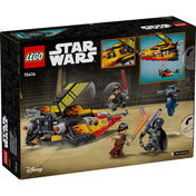 LEGO Star Wars: Force Burner hósikló 75414 hátoldali dobozkép – A hósikló funkciói, nyitható pilótafülke, rejtett gyorsjáratú motorbicikli és játékjelenetek a minifigurákkal.