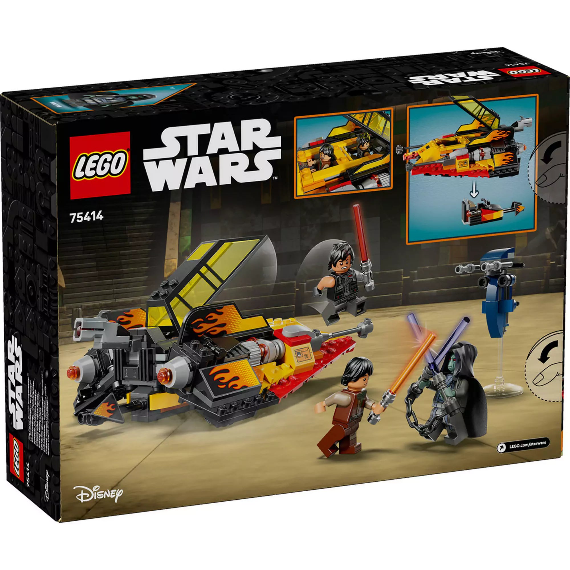 LEGO Star Wars: Force Burner hósikló 75414 hátoldali dobozkép – A hósikló funkciói, nyitható pilótafülke, rejtett gyorsjáratú motorbicikli és játékjelenetek a minifigurákkal.