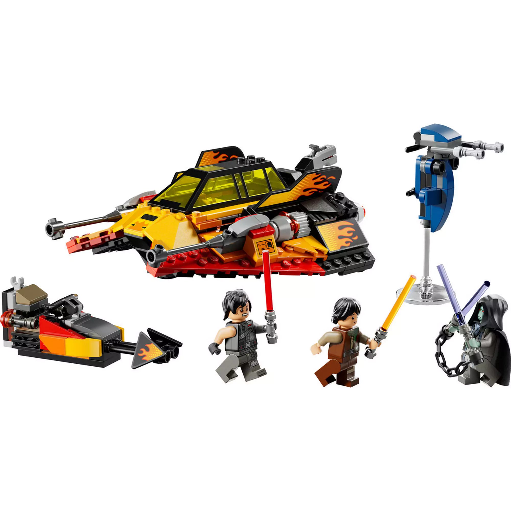 LEGO Star Wars: Force Burner hósikló 75414 teljes készlet – A készlet összes eleme: hósikló, motorbicikli, STAP és három minifigura fénykardokkal.