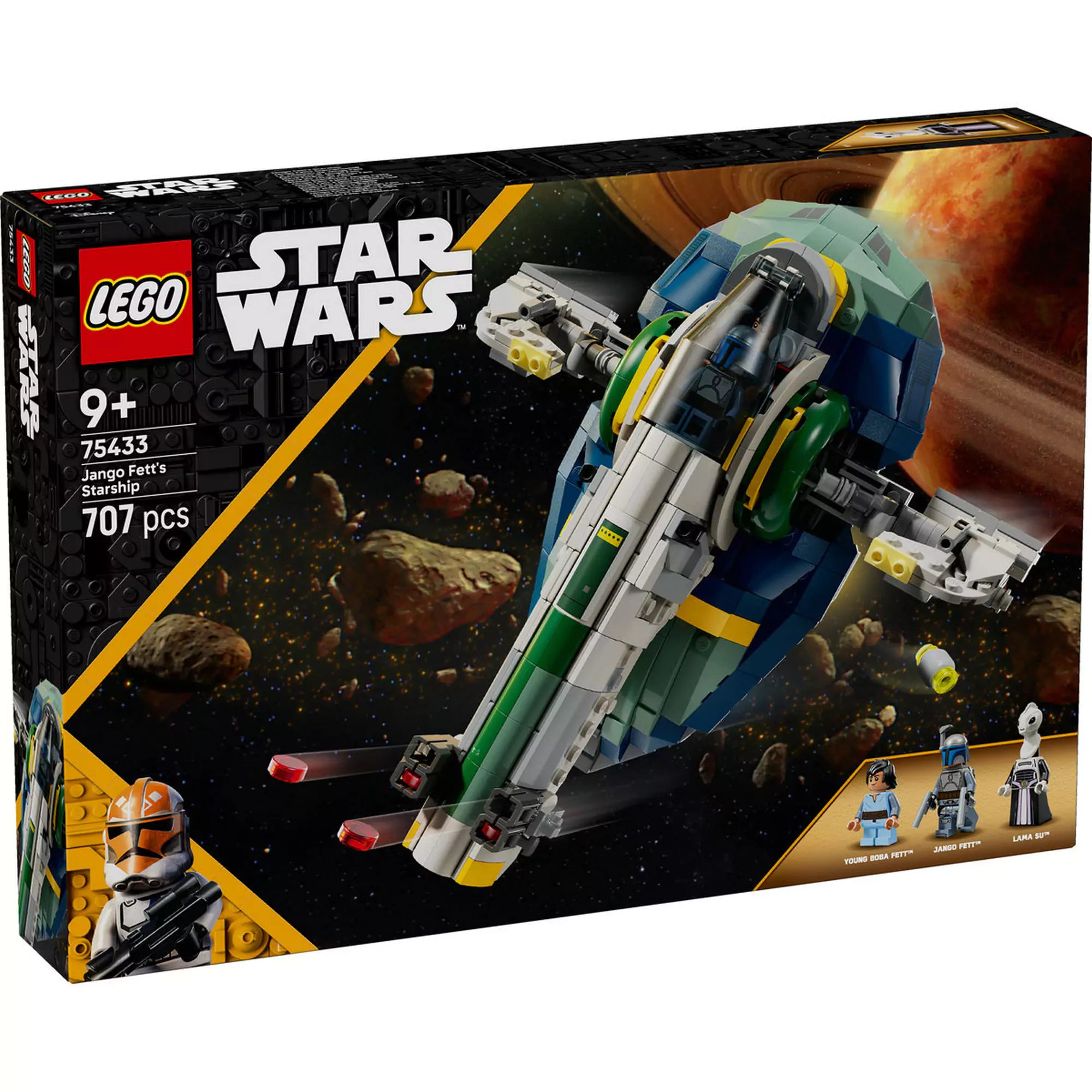 LEGO Star Wars: Jango Fett csillaghajója (75433) dobozkép, a színes 707 elemes űrhajóval és a három LEGO minifigurával.