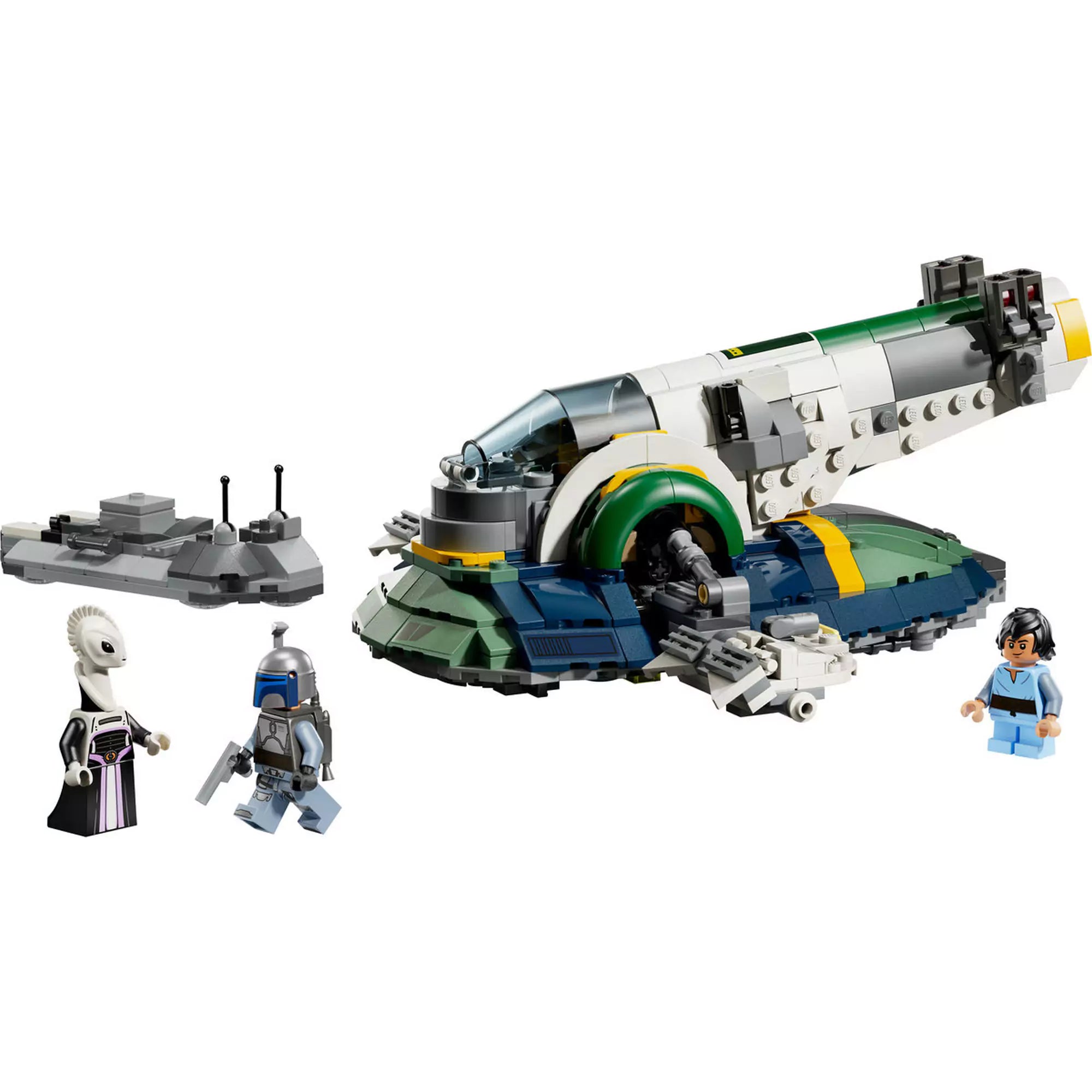 LEGO Star Wars: Jango Fett csillaghajója (75433) teljes készlet, a csillaghajó vízszintes pozícióban és a minifigurák mellett.