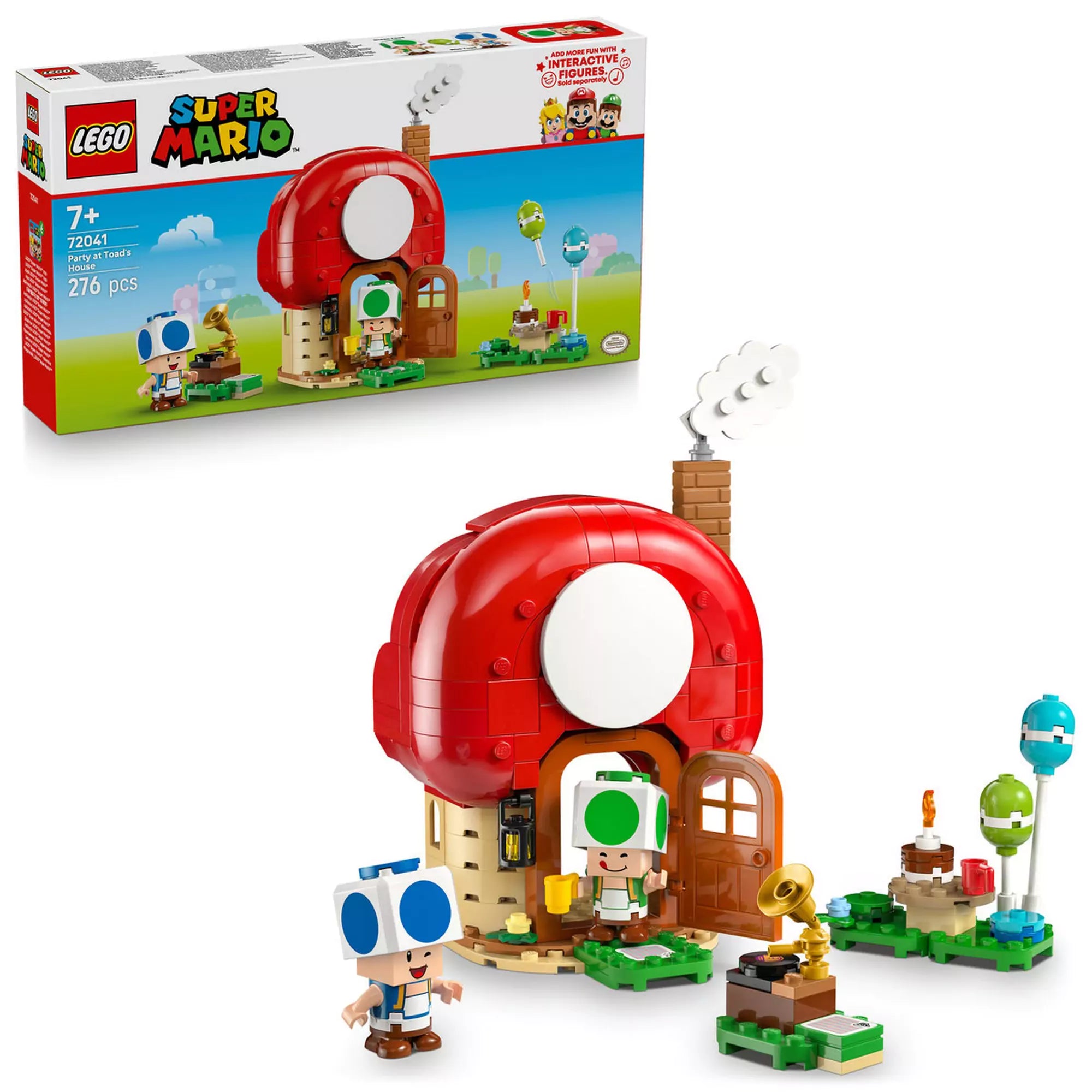 LEGO Super Mario: Buli Toad házában (72041) készlet és doboz együtt – A gombaház, a figurák és a doboz egy képen láthatók.