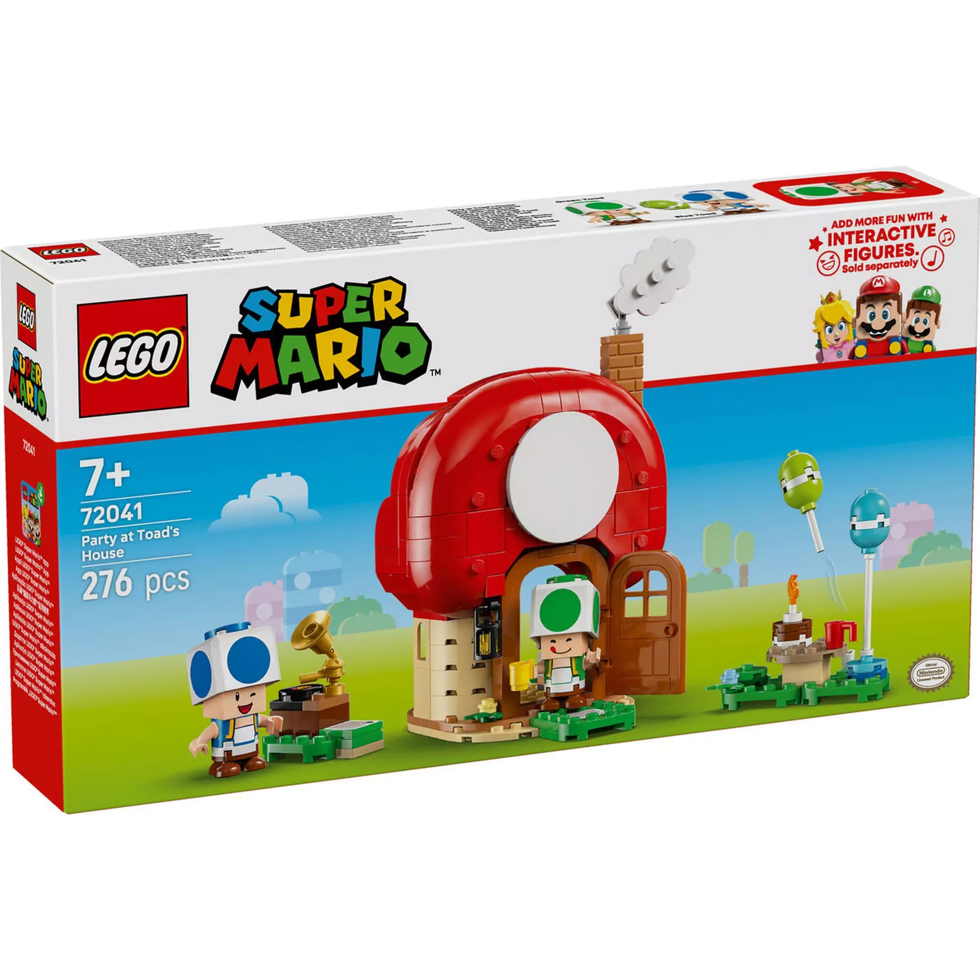 LEGO Super Mario: Buli Toad házában (72041) dobozkép – A színes, gombaház alakú készlet és a két Toad figura a csomagoláson.