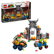 LEGO Super Mario: Mario Kart, Bowser kastélya (72039) teljes készlet és doboz, Bowser és Yoshi járműveivel a kastély előtt.