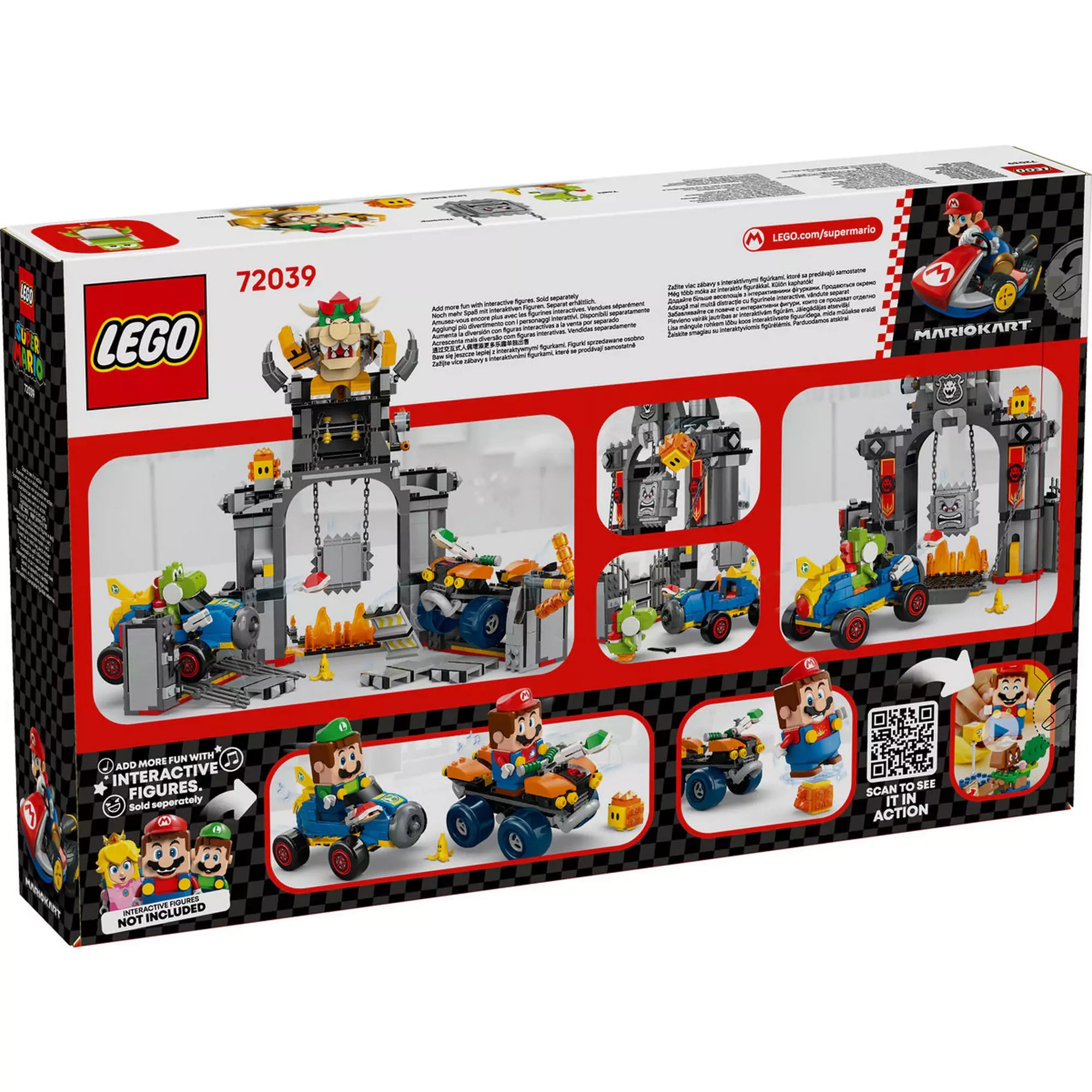 LEGO Super Mario: Mario Kart, Bowser kastélya (72039) hátoldali dobozkép, amely bemutatja a funkciókat és az interaktív játék lehetőségeit.