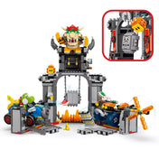 LEGO Super Mario: Mario Kart, Bowser kastélya (72039) akciókép, a kastély forgó és mozgó elemeinek, valamint a Thwomp csapdának a bemutatásával.