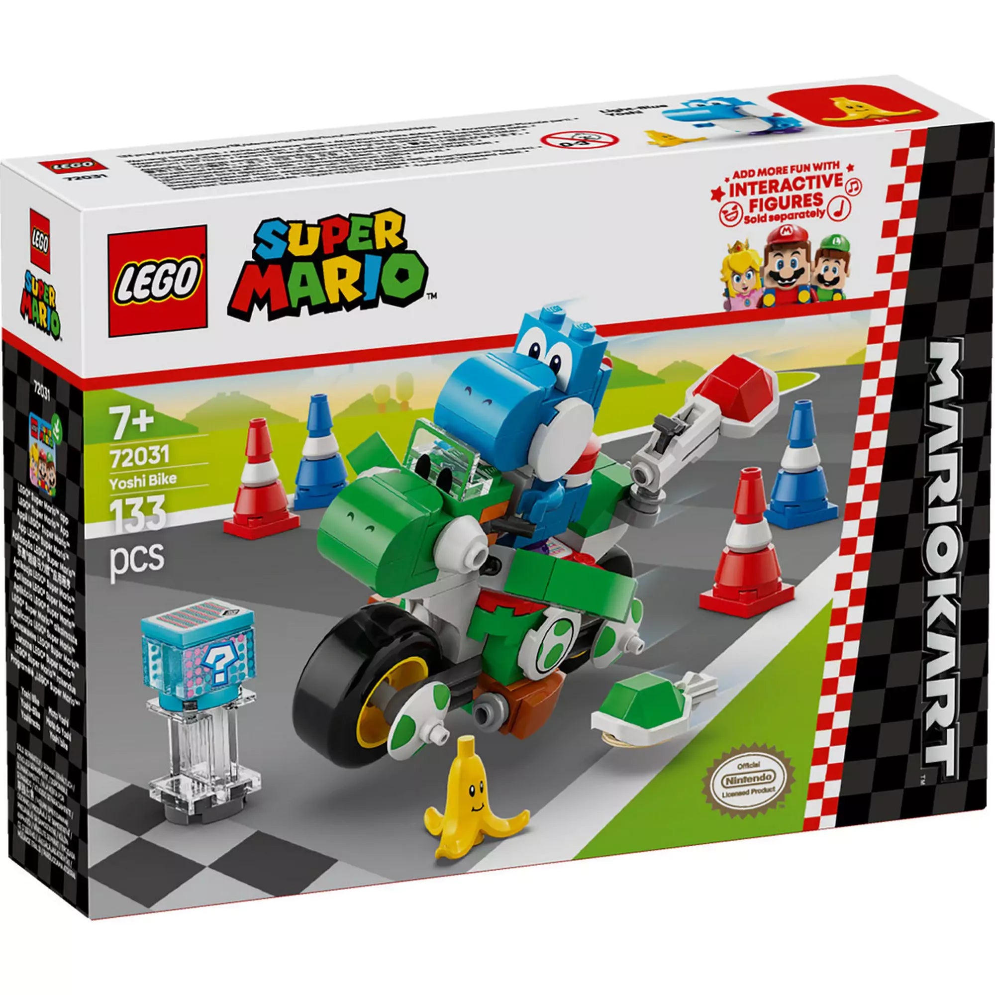Mario Kart - Yoshi Bike doboz: A LEGO Super Mario készlet csomagolása, amelyen a Yoshi Bike és tartozékai láthatók.