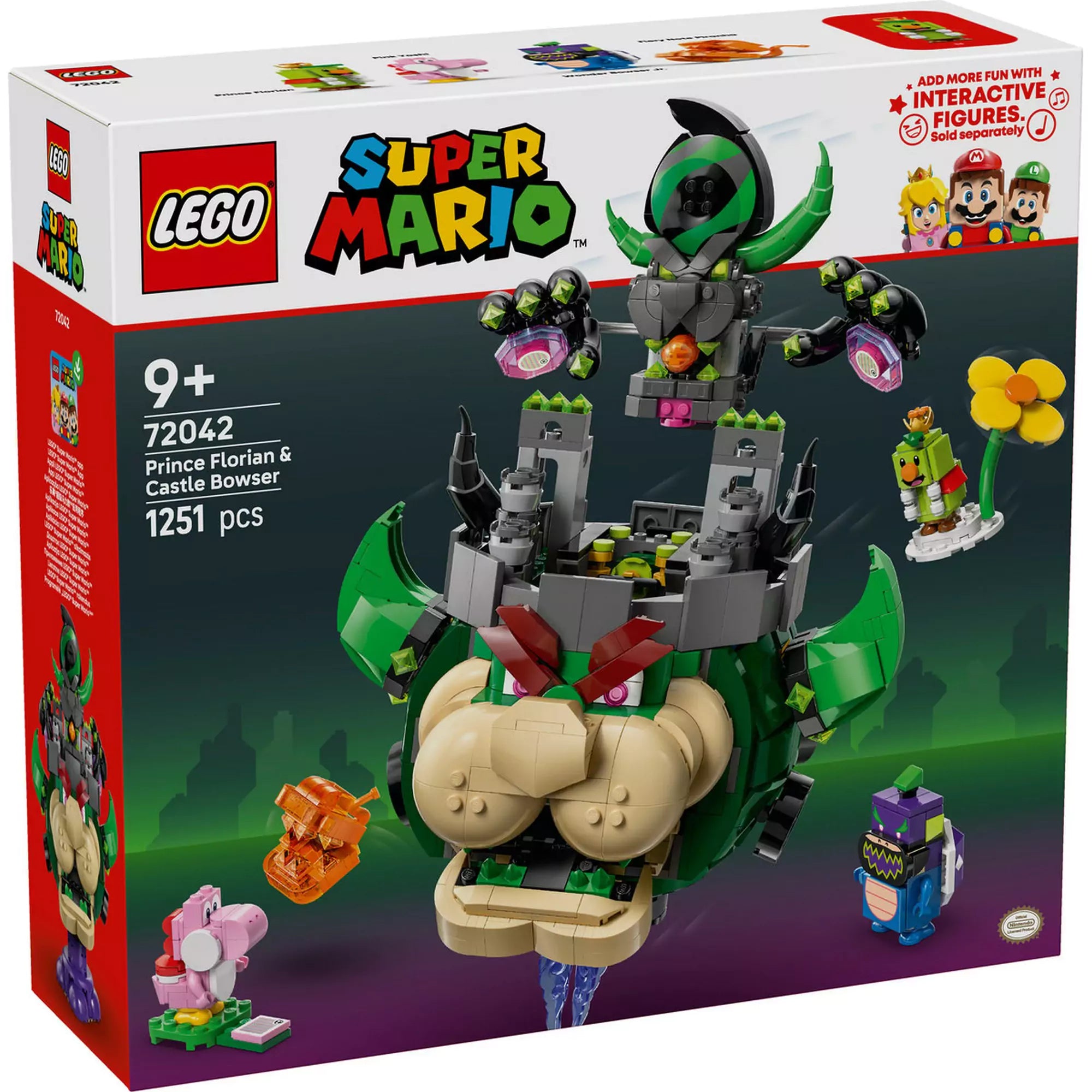 „LEGO Super Mario: Prince Florian és Bowser kastélya (72042) doboz, a készlet figuráival és a hatalmas Bowser fejjel.”