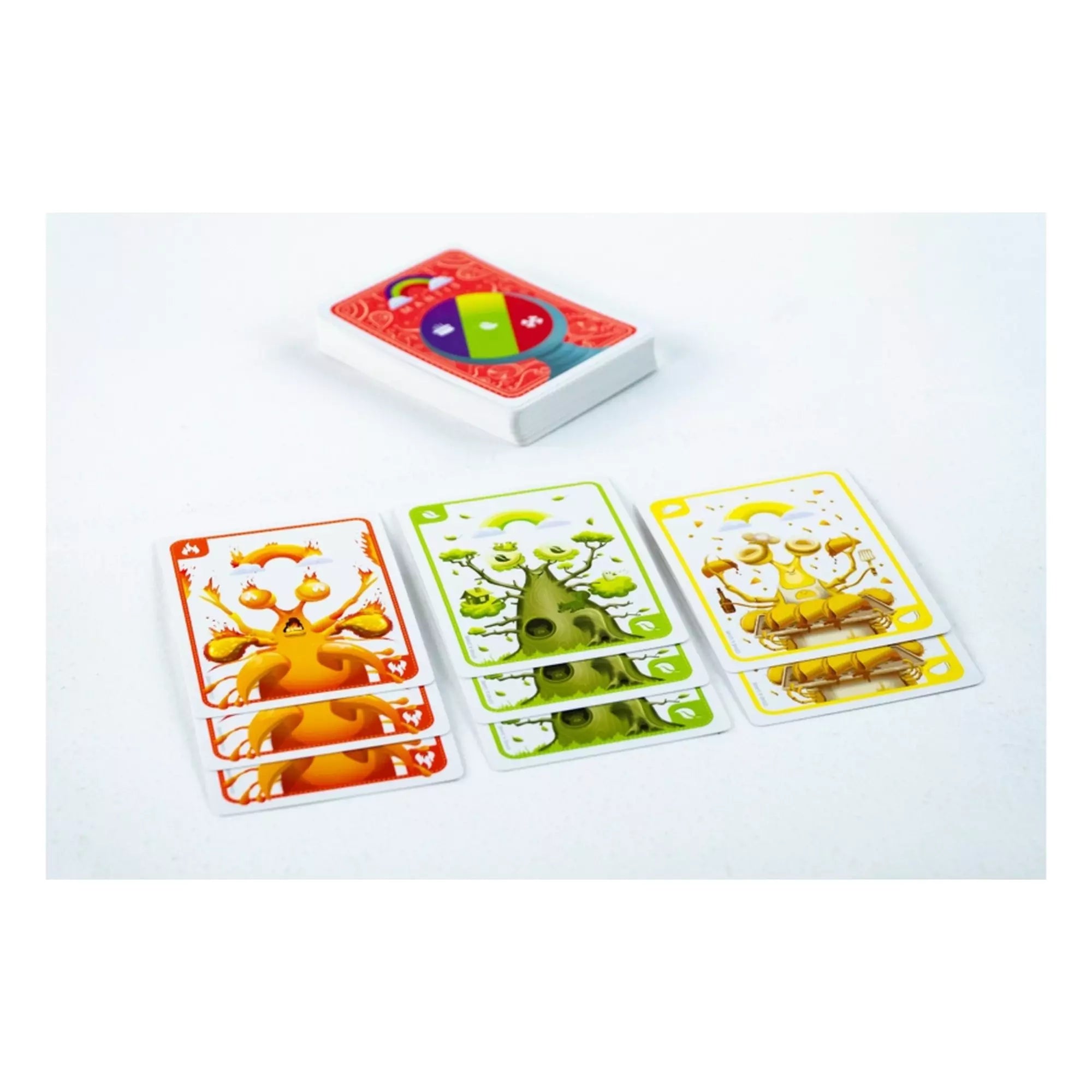 Mantis mini társasjáték kártyái közelről – piros, zöld és sárga illusztrált lapok, színpompás sáskarákokkal.