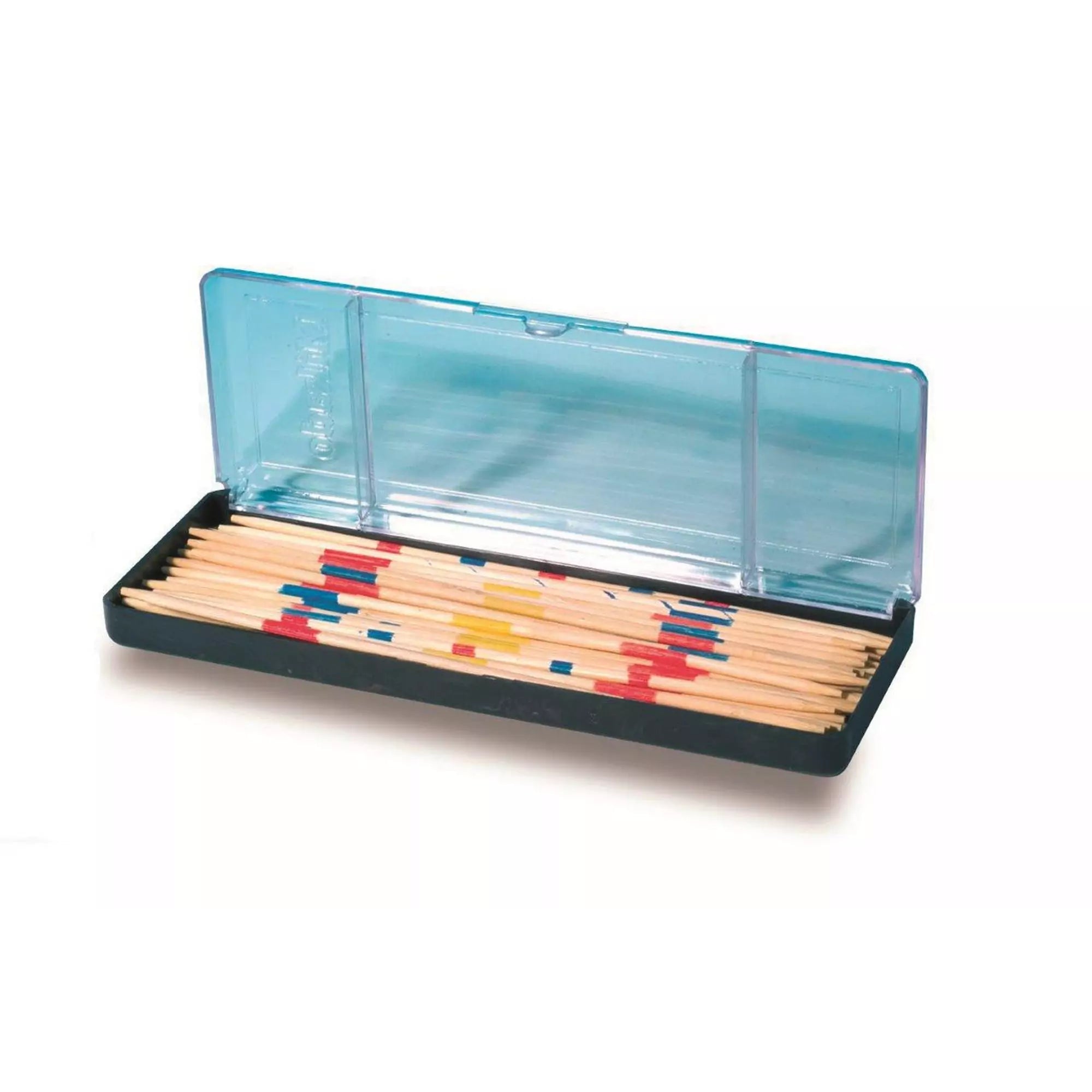 Marokkó (Mikado) társasjáték nyitott doboza, benne a színes fa pálcikák rendezetten elhelyezve.