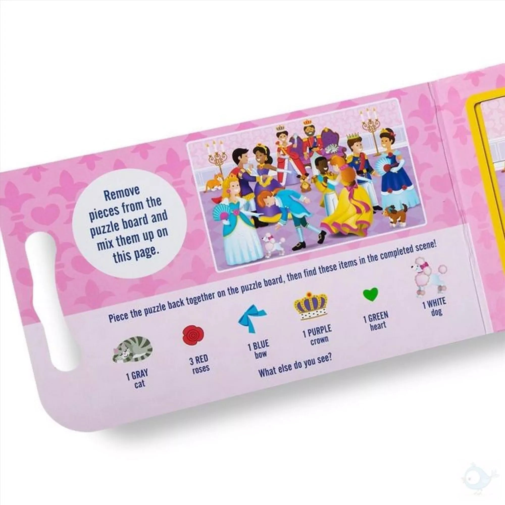 Melissa & Doug mágneses kirakó – Hercegnők belső oldal, királyi bál illusztrációval és keresd meg típusú feladatokkal (pl. kutya, szív, rózsa).