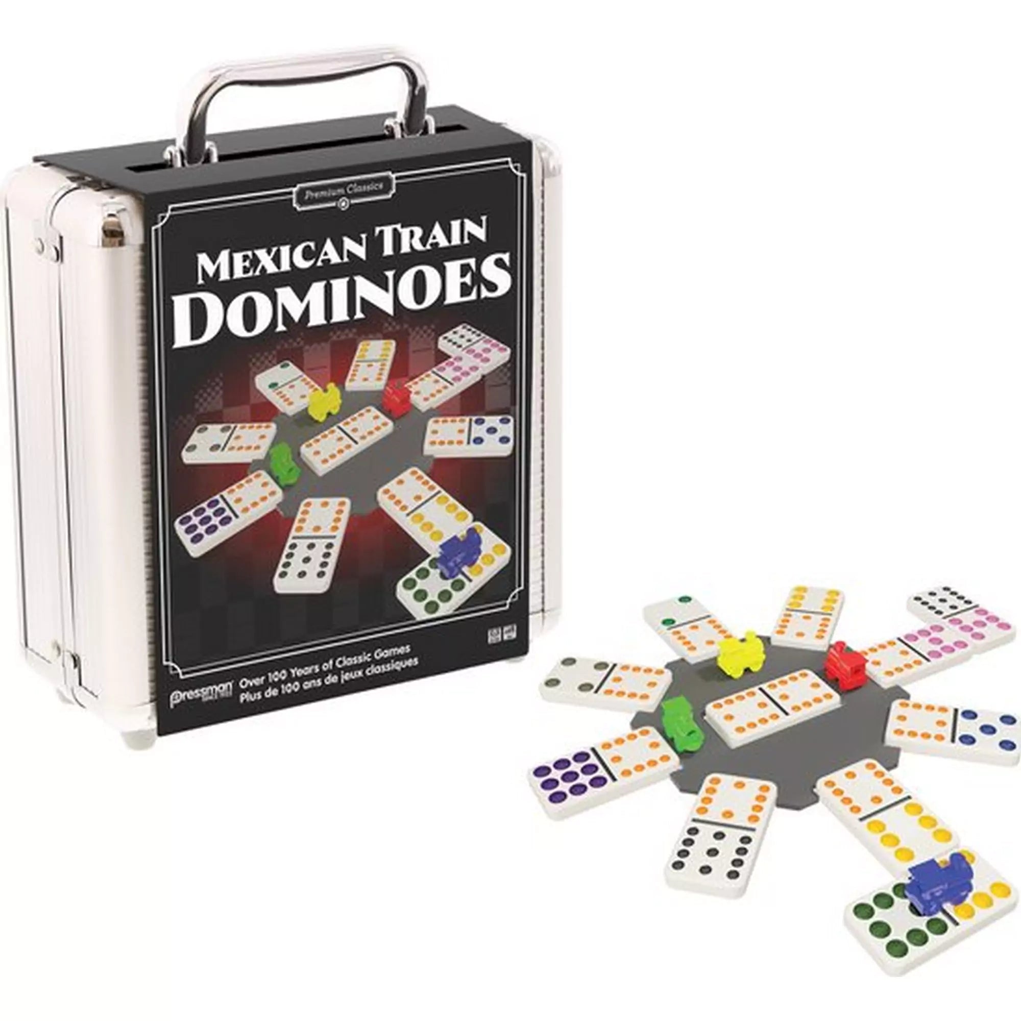 Mexikói Vonat Dominó – társasjáték színes dominóelemekkel és kisvonatokkal, kinyitott fém doboz mellett elrendezve.