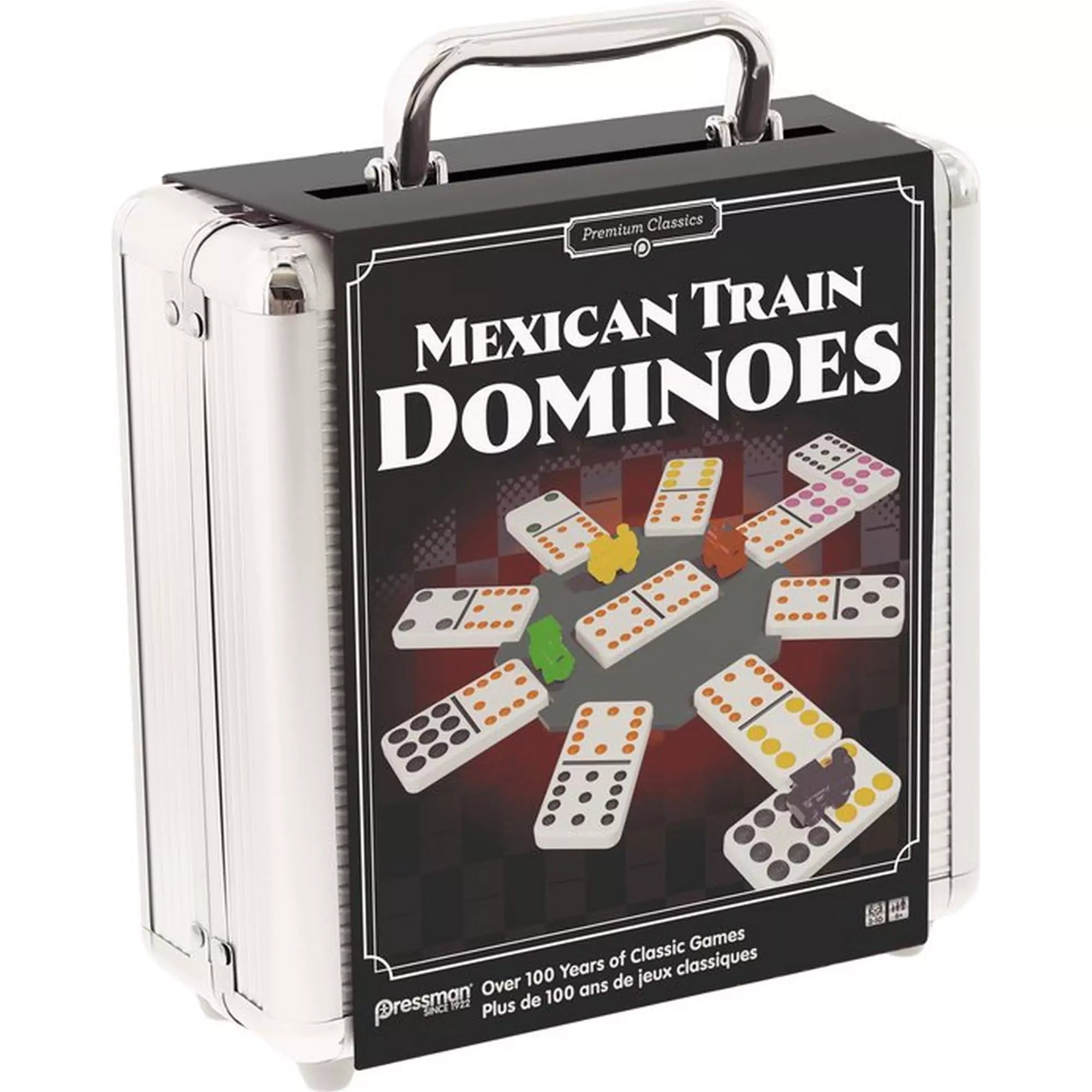Mexikói Vonat Dominó – társasjáték elegáns fémtáskában, színes dominóelemeket ábrázoló grafikával.