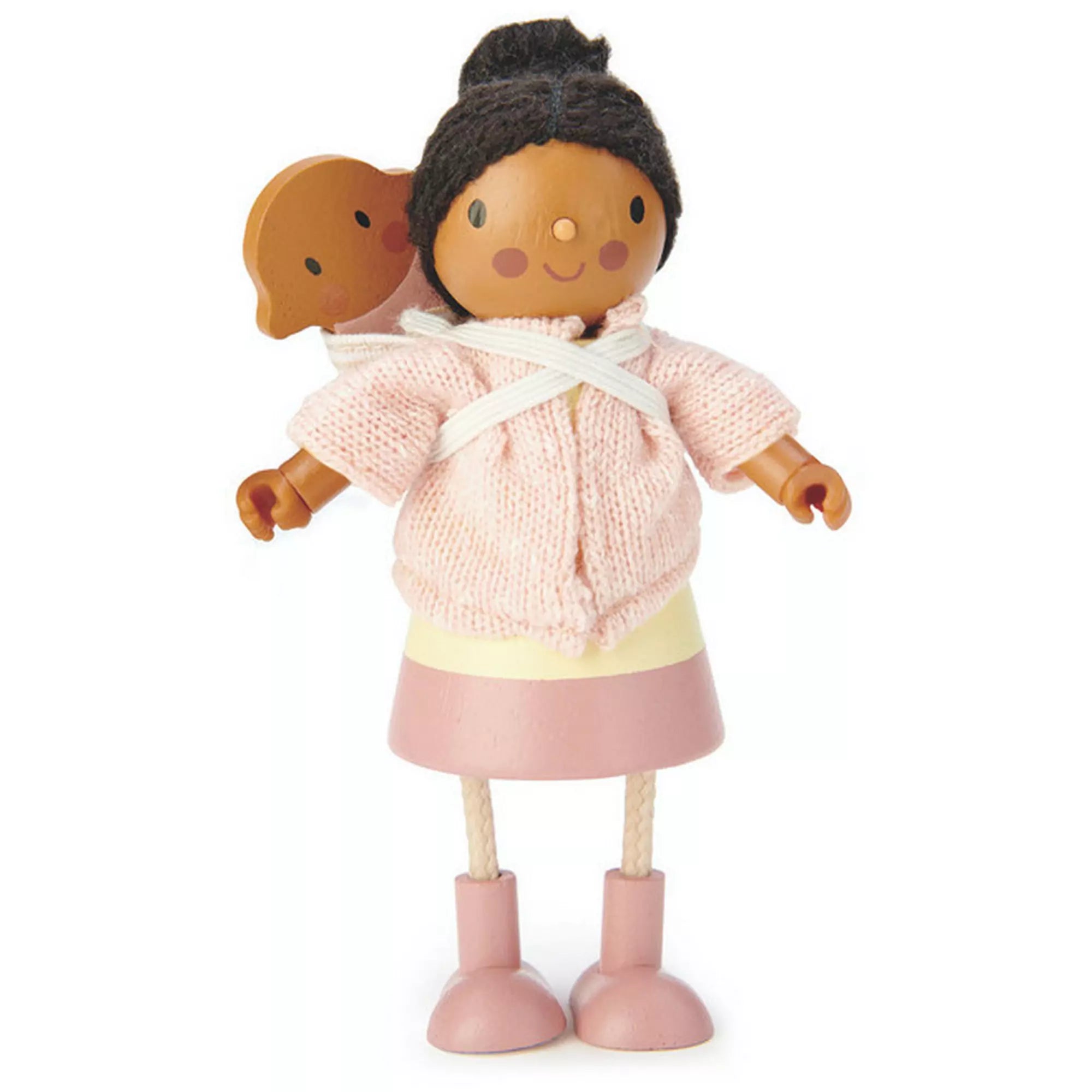Mrs. Forrester és babája, Tender Leaf Toys – Részletesen kidolgozott fa figura babával a hátán, természetes anyagokból készült, barátságos és kreatív játékhoz.