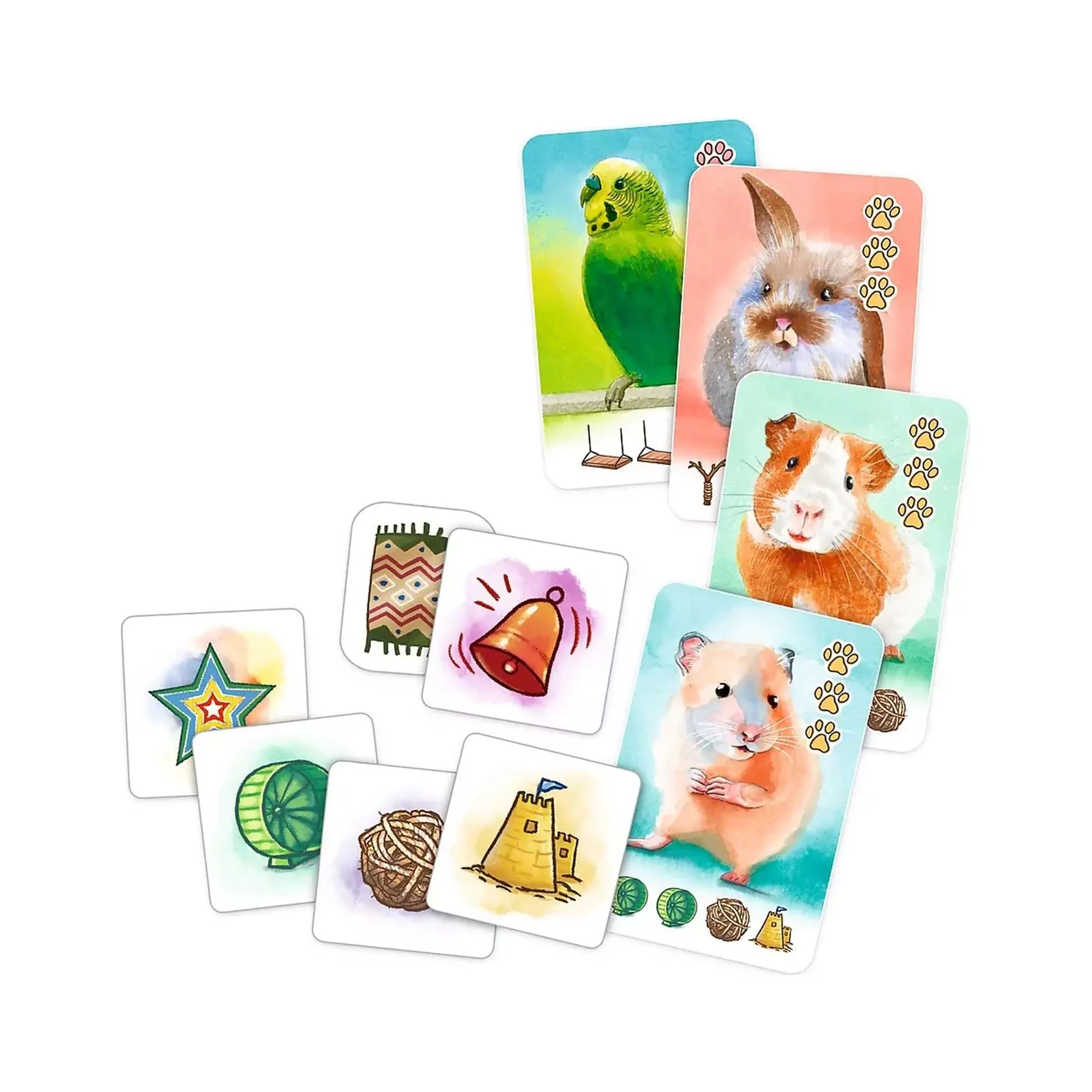 Pets & Friends társasjáték kártyái különféle kisállatfigurákkal és színes játékkorongokkal.