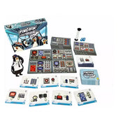 A Pingvin Légitársaság társasjáték teljes tartalma kibontva: irányítópanelek, kártyák, homokóra és doboz.