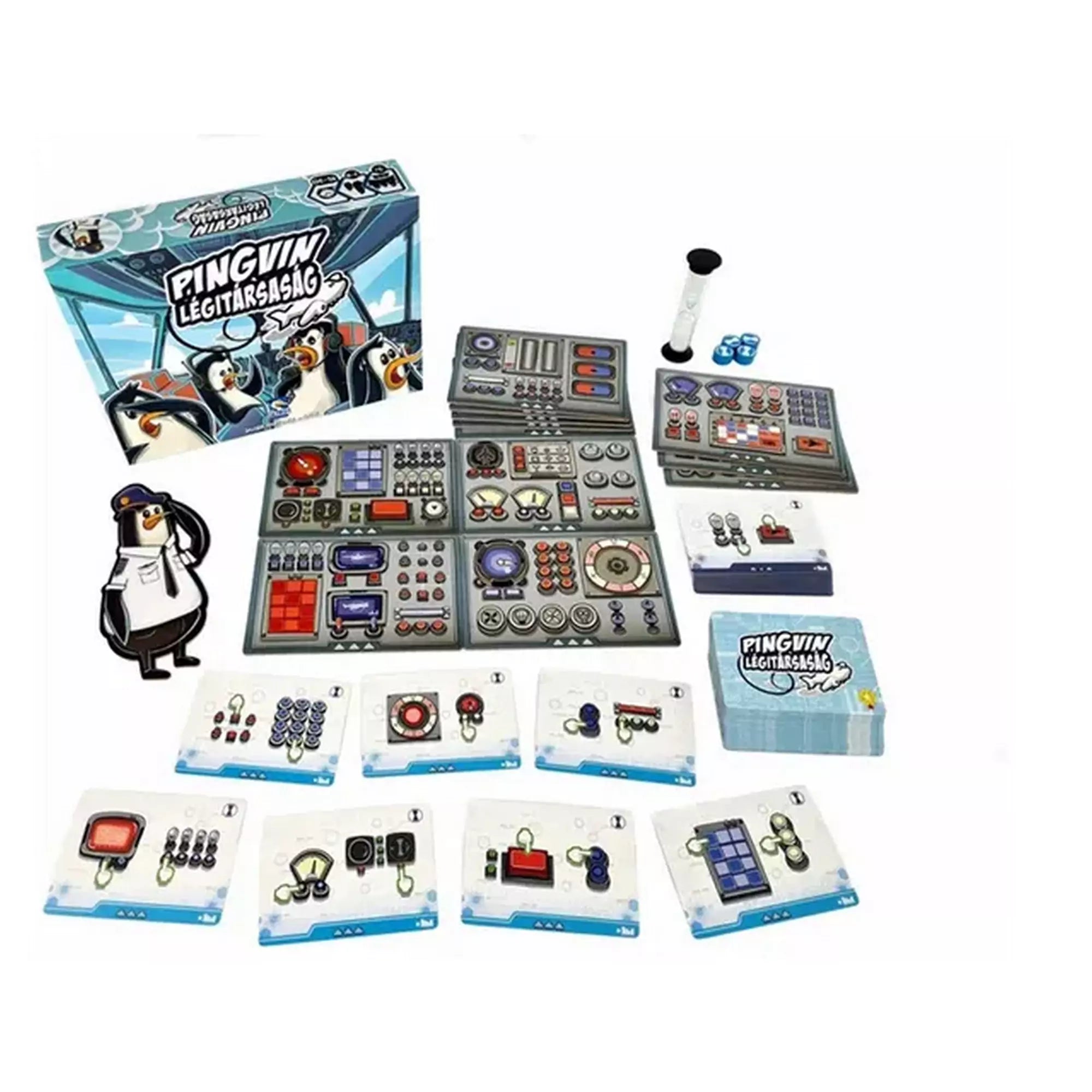 A Pingvin Légitársaság társasjáték teljes tartalma kibontva: irányítópanelek, kártyák, homokóra és doboz.