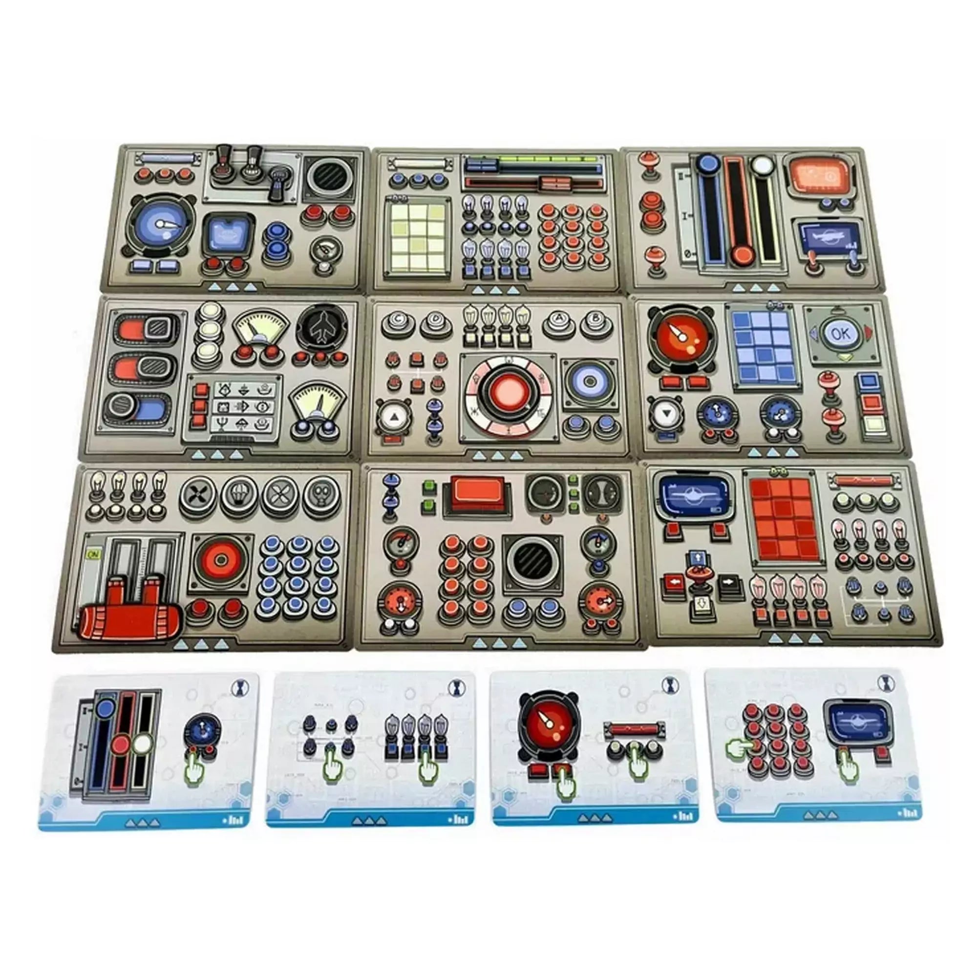 A Pingvin Légitársaság társasjáték irányítópanelei közelről, tele színes kapcsolókkal, gombokkal és műszerekkel.