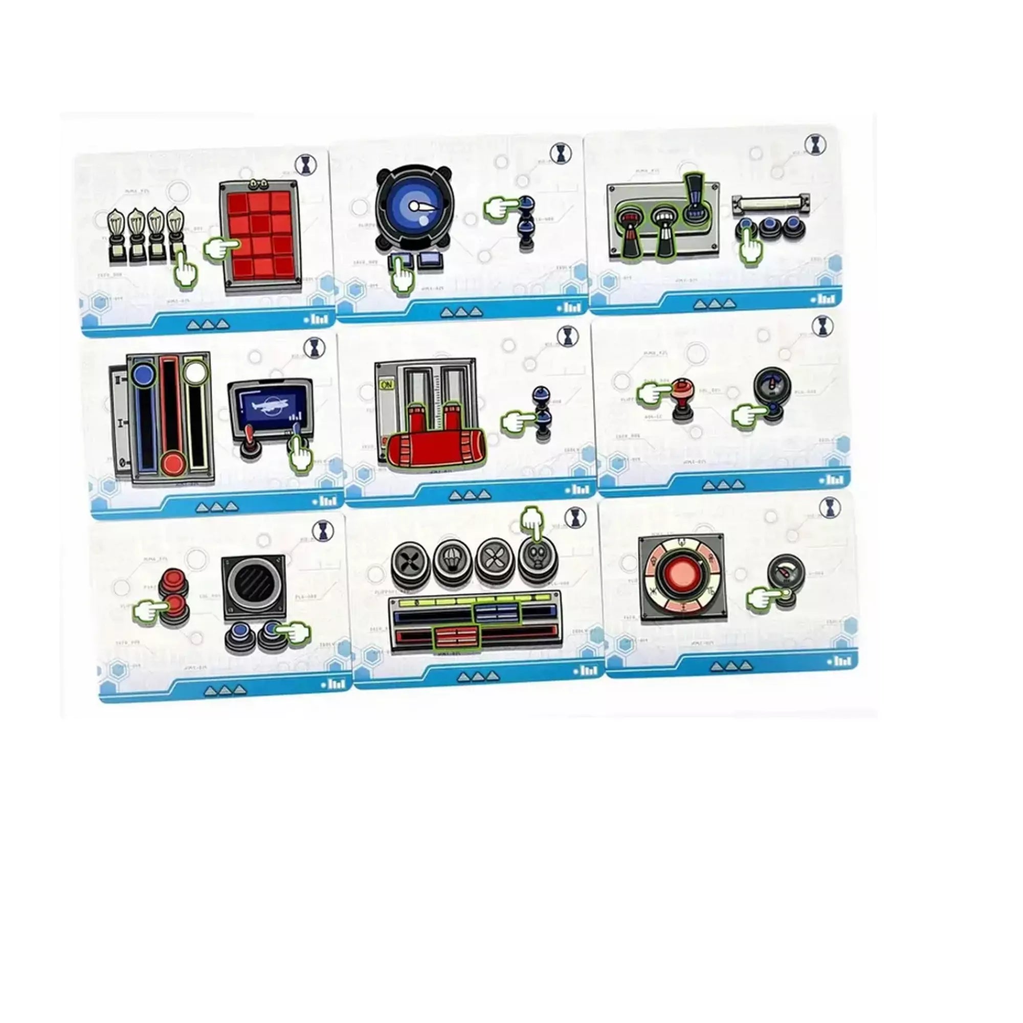 A Pingvin Légitársaság játékhoz tartozó különböző nehézségű feladatkártyák, ikonokkal és utasításokkal.