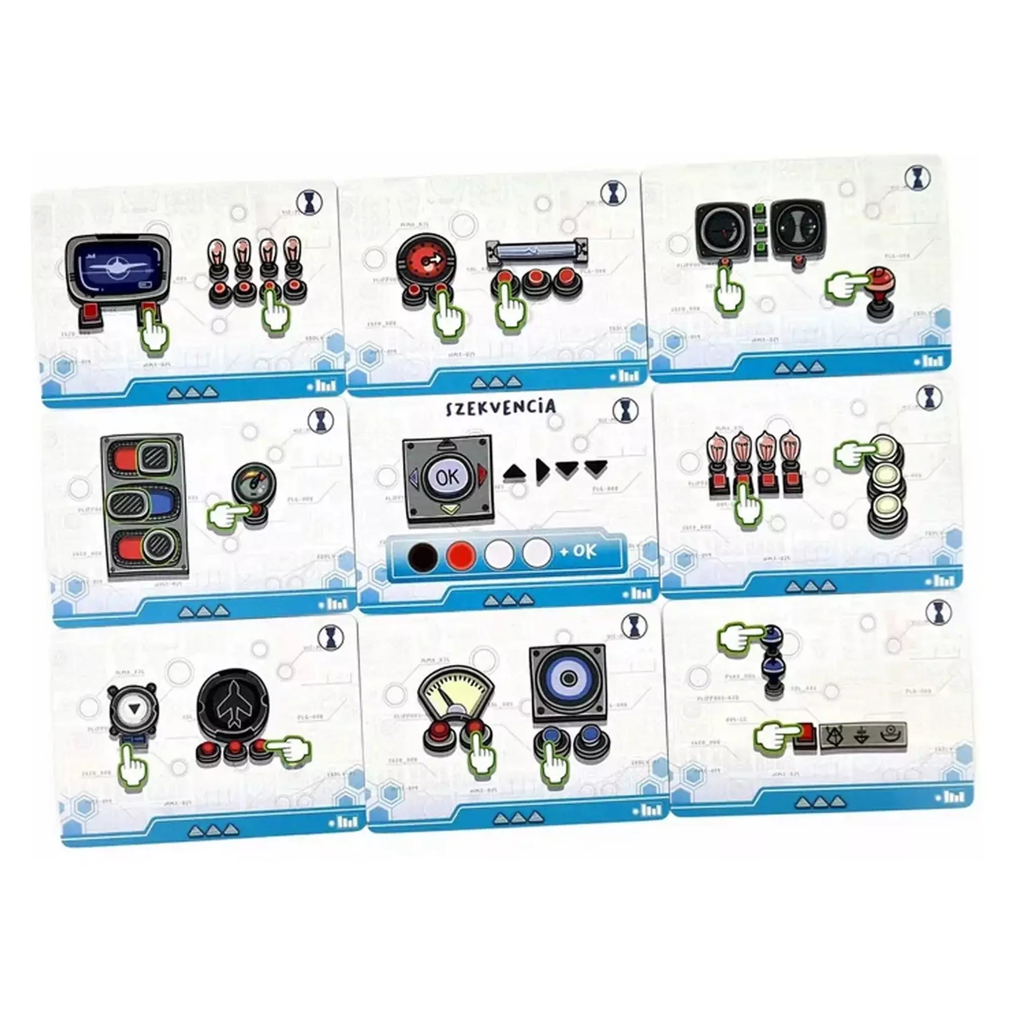 Részletes feladatkártyák a Pingvin Légitársaság játékból, különféle kapcsolási és vezérlési kombinációkkal.