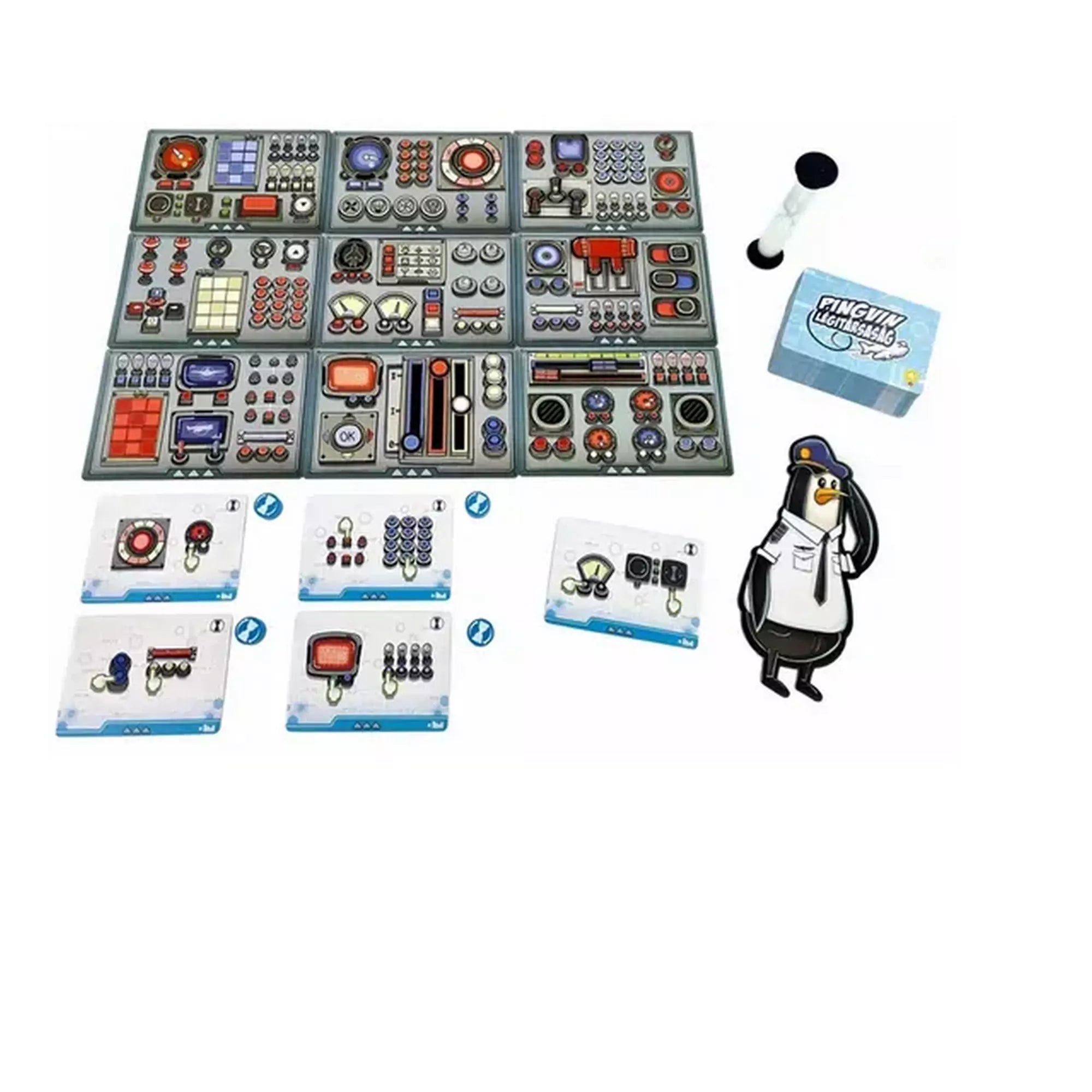 A Pingvin Légitársaság társasjáték játéktáblái és alkatrészei, köztük egy homokóra, kártyapakli, pingvin kapitány figura és feladatkártyák.