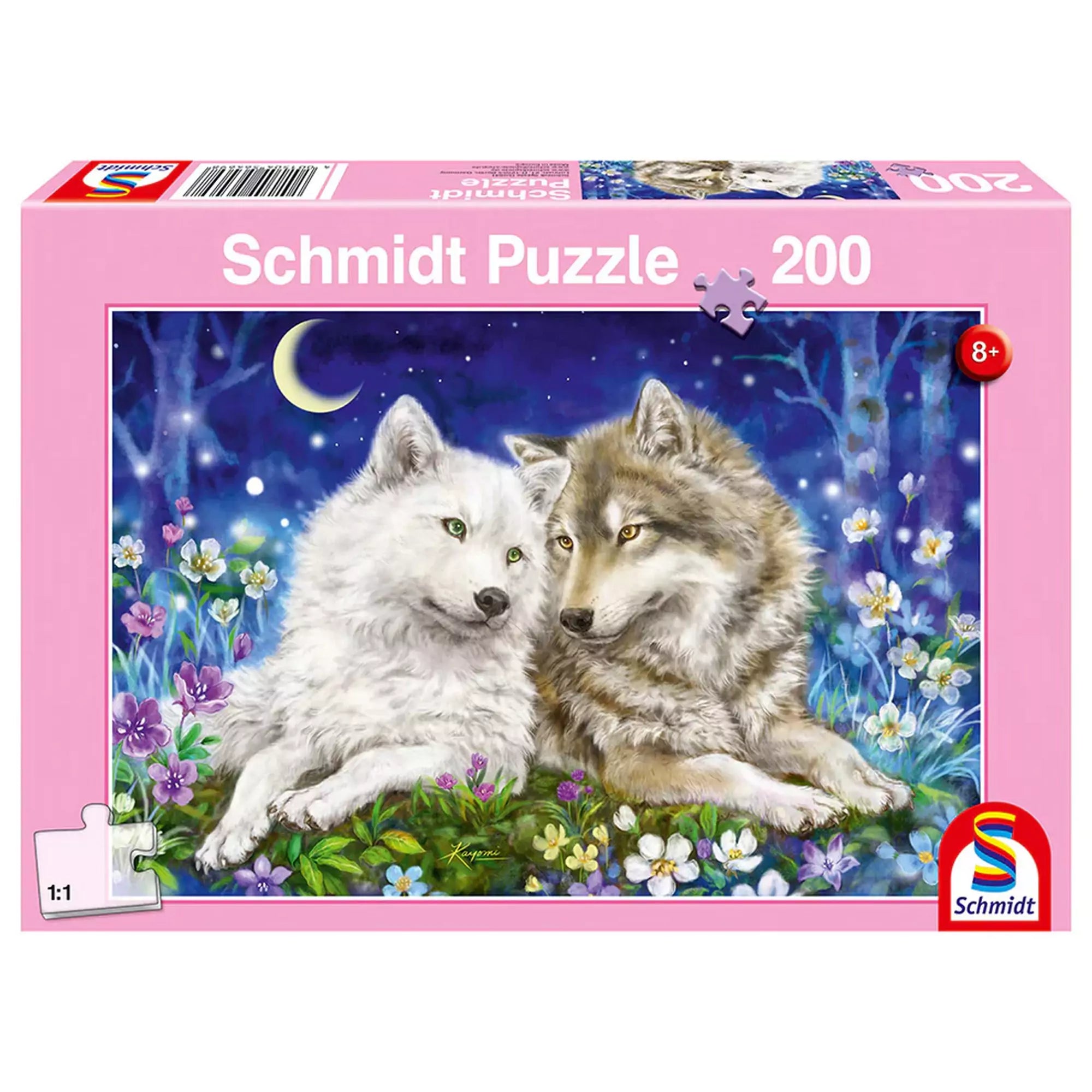 „Puzzle Schmidt, Barátságos farkasok, 200 darabos – rózsaszín doboz csillagos éjszakai jelenettel, két farkassal virágos mezőn.”