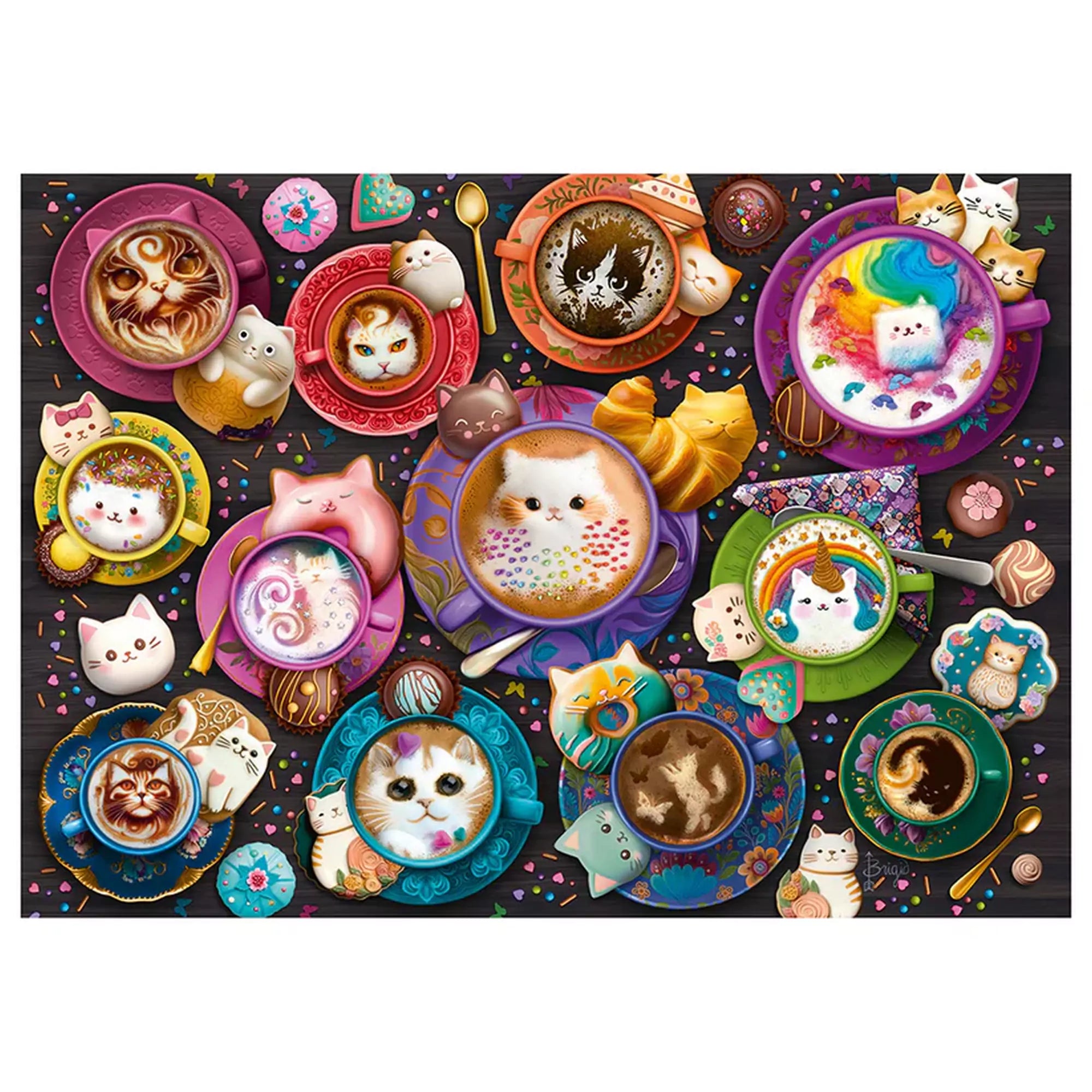 „Puzzle Schmidt: Coffee Art Kittens – 500 darabos kirakó képe aranyos cicás latte art kávékkal és színes desszertekkel.”