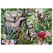 „Puzzle Schmidt: Cuki koalacsalád – 500 darabos kirakó képe részletgazdag erdei jelenettel és három aranyos koalával virágok és lepkék között.”