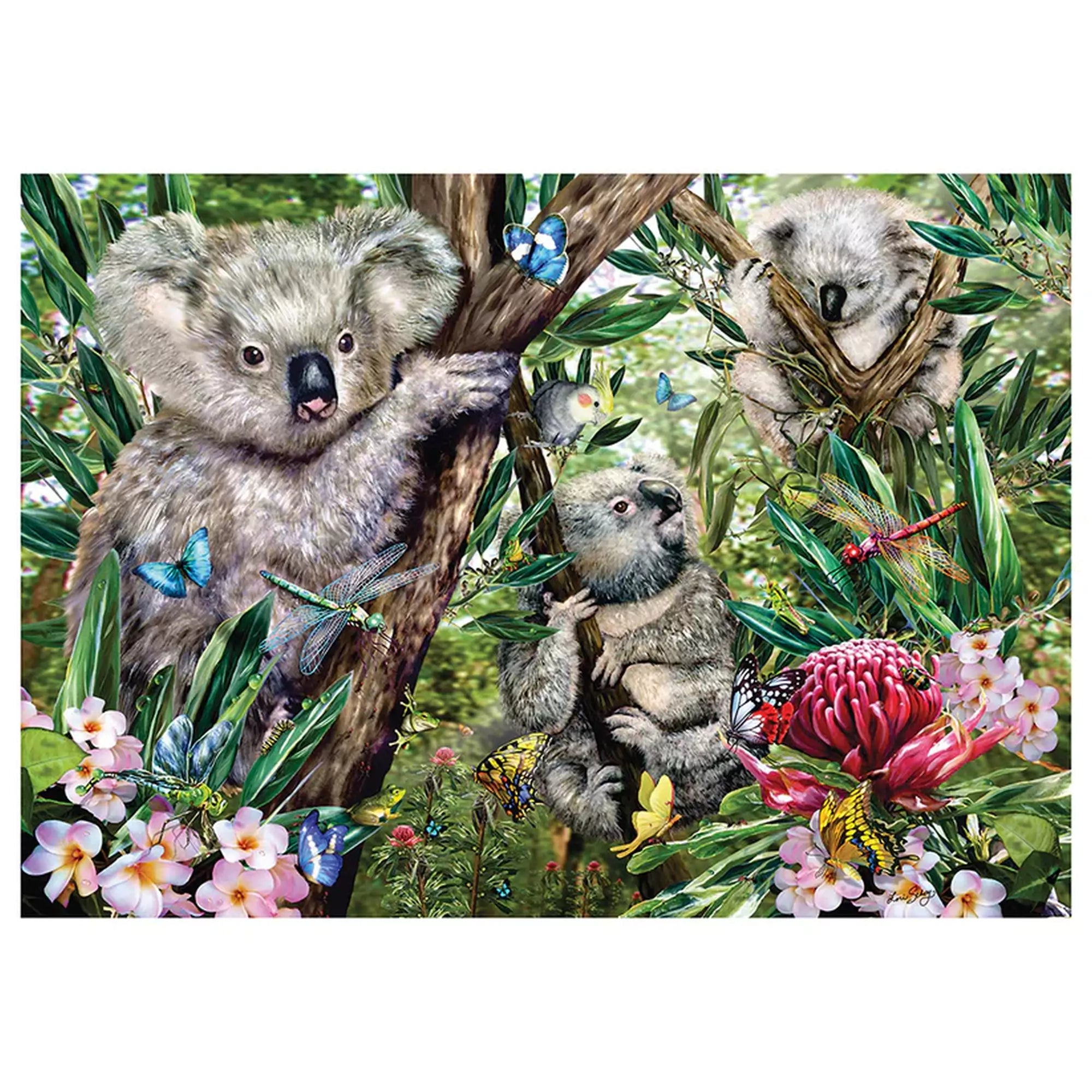 „Puzzle Schmidt: Cuki koalacsalád – 500 darabos kirakó képe részletgazdag erdei jelenettel és három aranyos koalával virágok és lepkék között.”