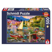 „Puzzle Schmidt: Fresca italiana – 500 darabos kirakó doboza, színes olasz kikötővárosi látképpel, vitorlásokkal és hangulatos terasszal.”