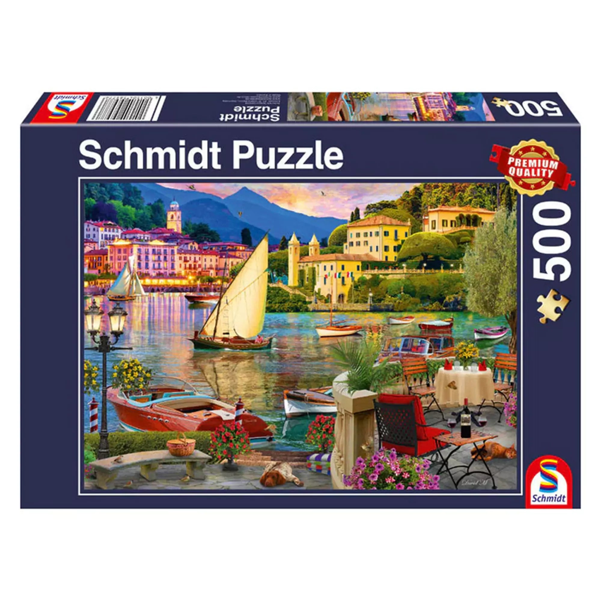 „Puzzle Schmidt: Fresca italiana – 500 darabos kirakó doboza, színes olasz kikötővárosi látképpel, vitorlásokkal és hangulatos terasszal.”